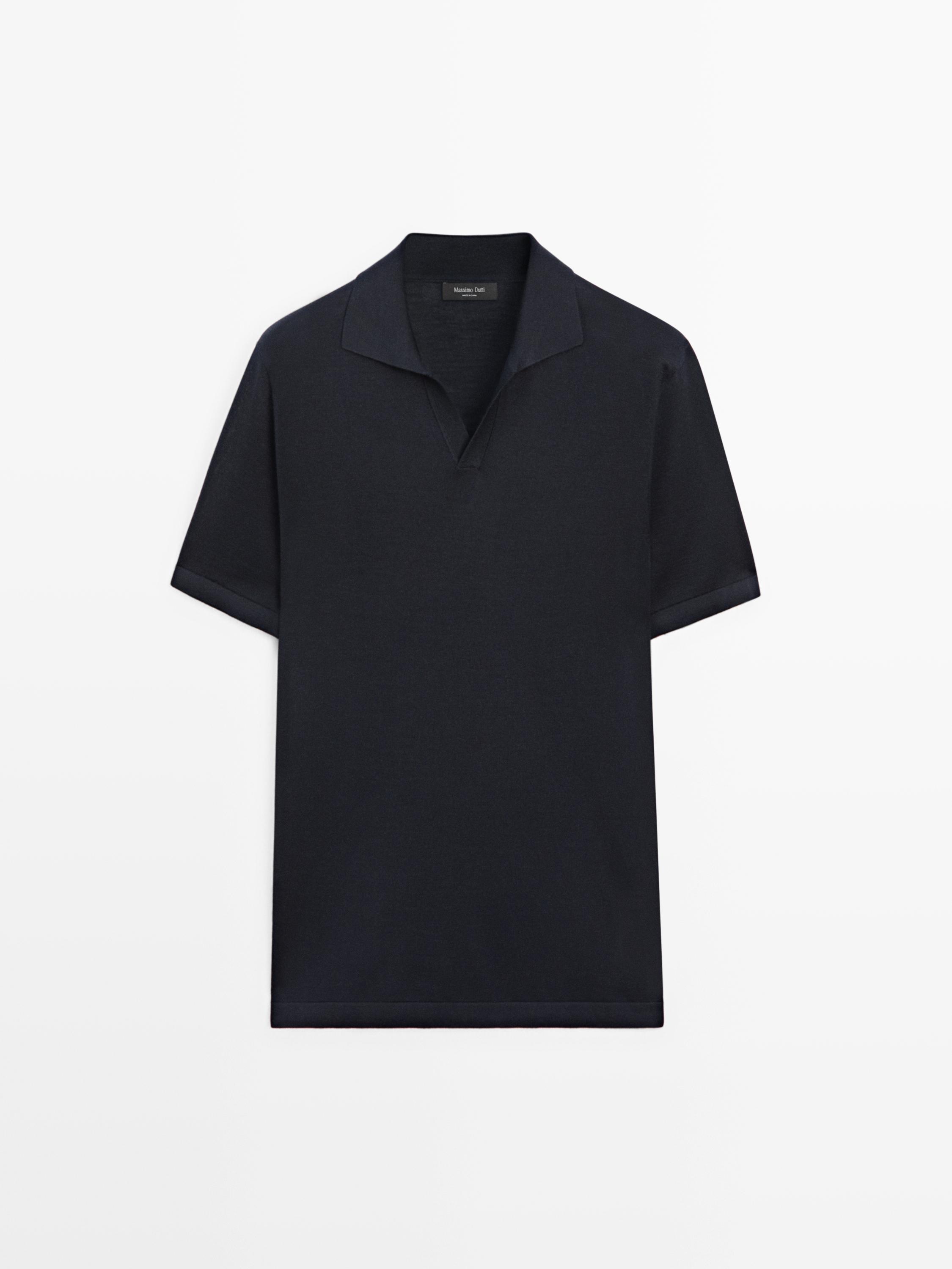 Knit V-neck polo shirt — NAVY BLUE