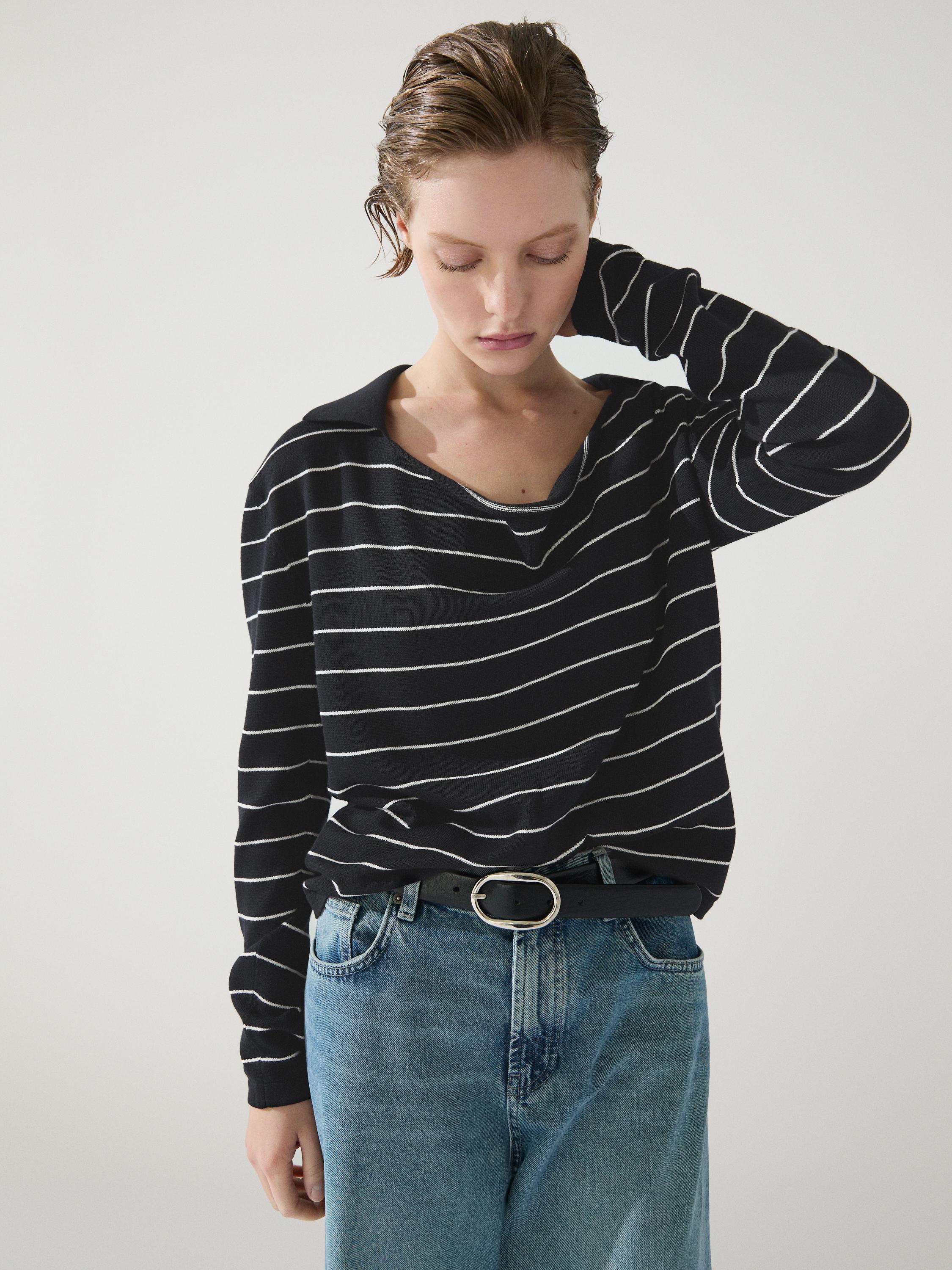 Cotton striped knit polo sweater