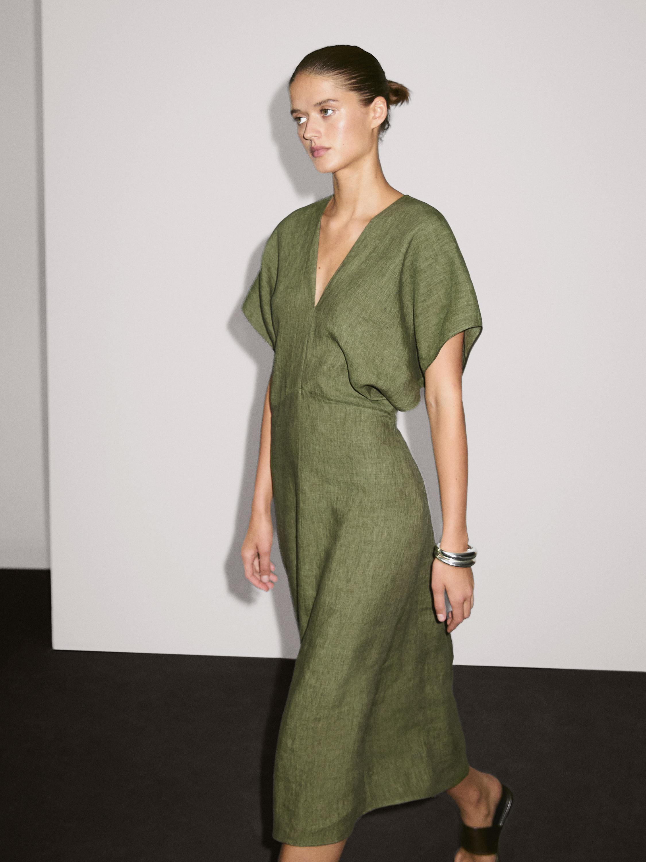 Vestido midi manga corta lino