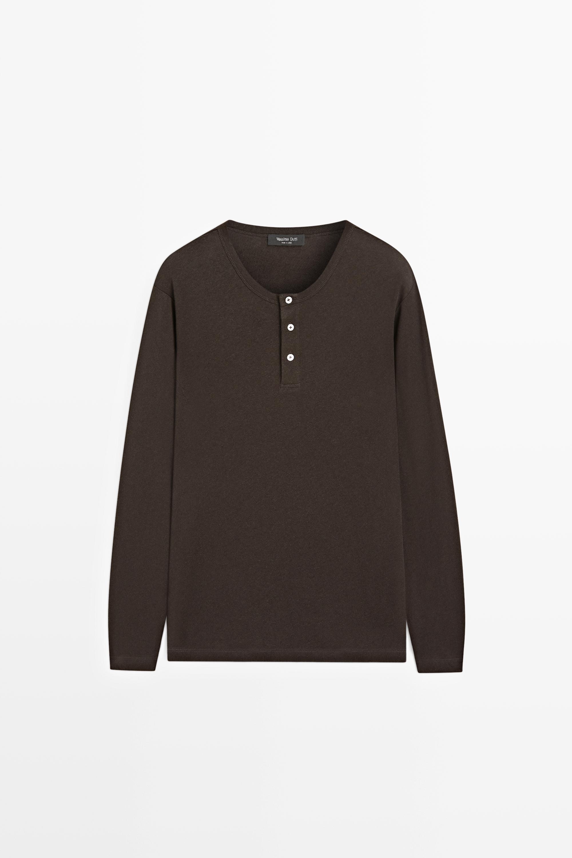 Long sleeve henley neck T-shirt — BROWN