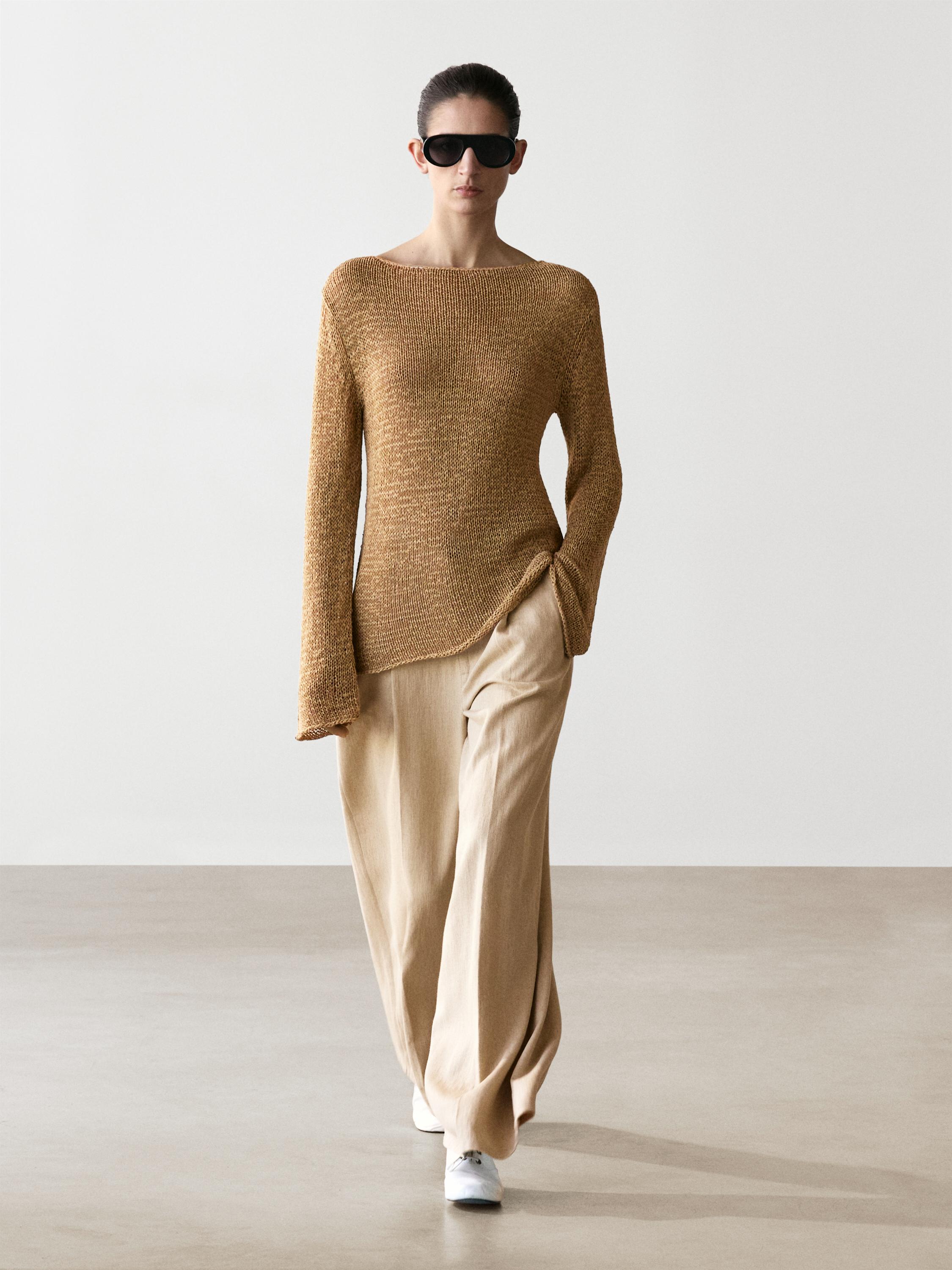 Cotton blend knit boat neck sweater