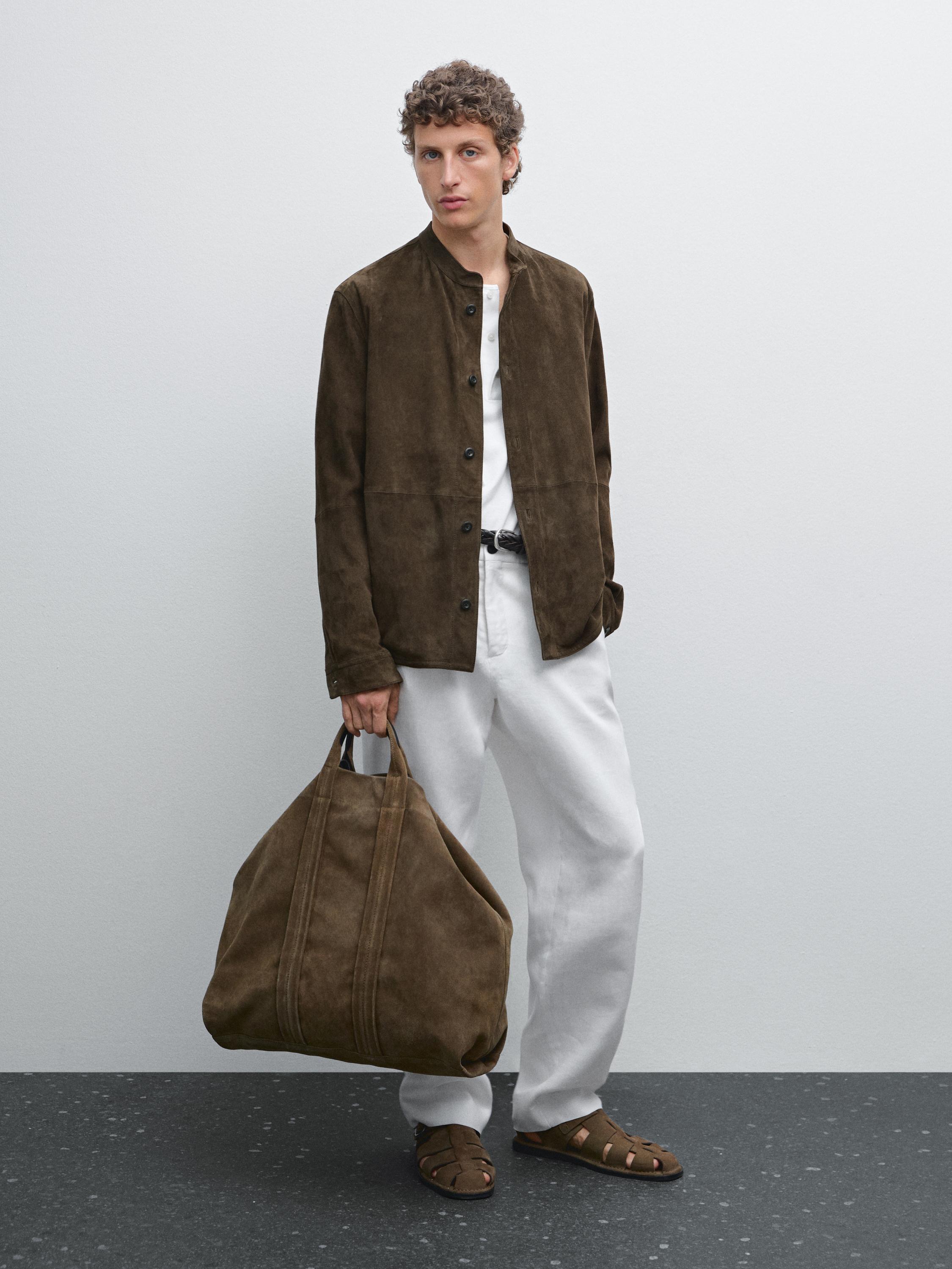 Suede leather stand collar shirt