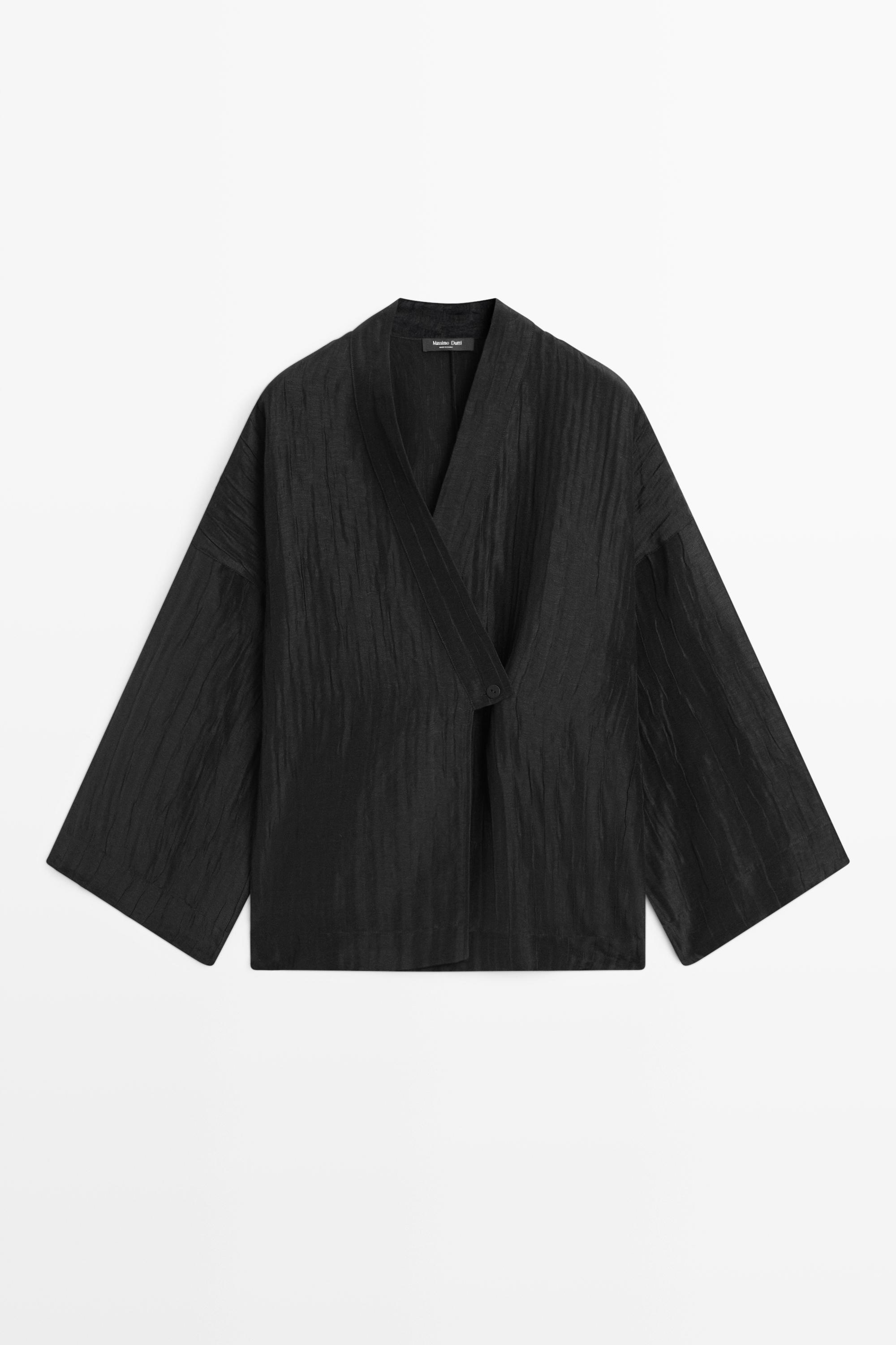 Textured linen blend V-neck kimono — BLACK