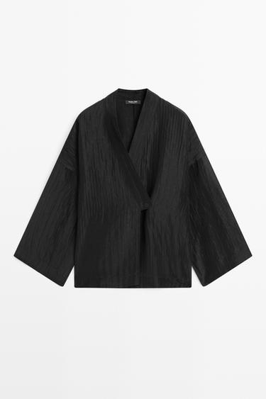 Textured wrap blouse with v-neck — BLACK 2