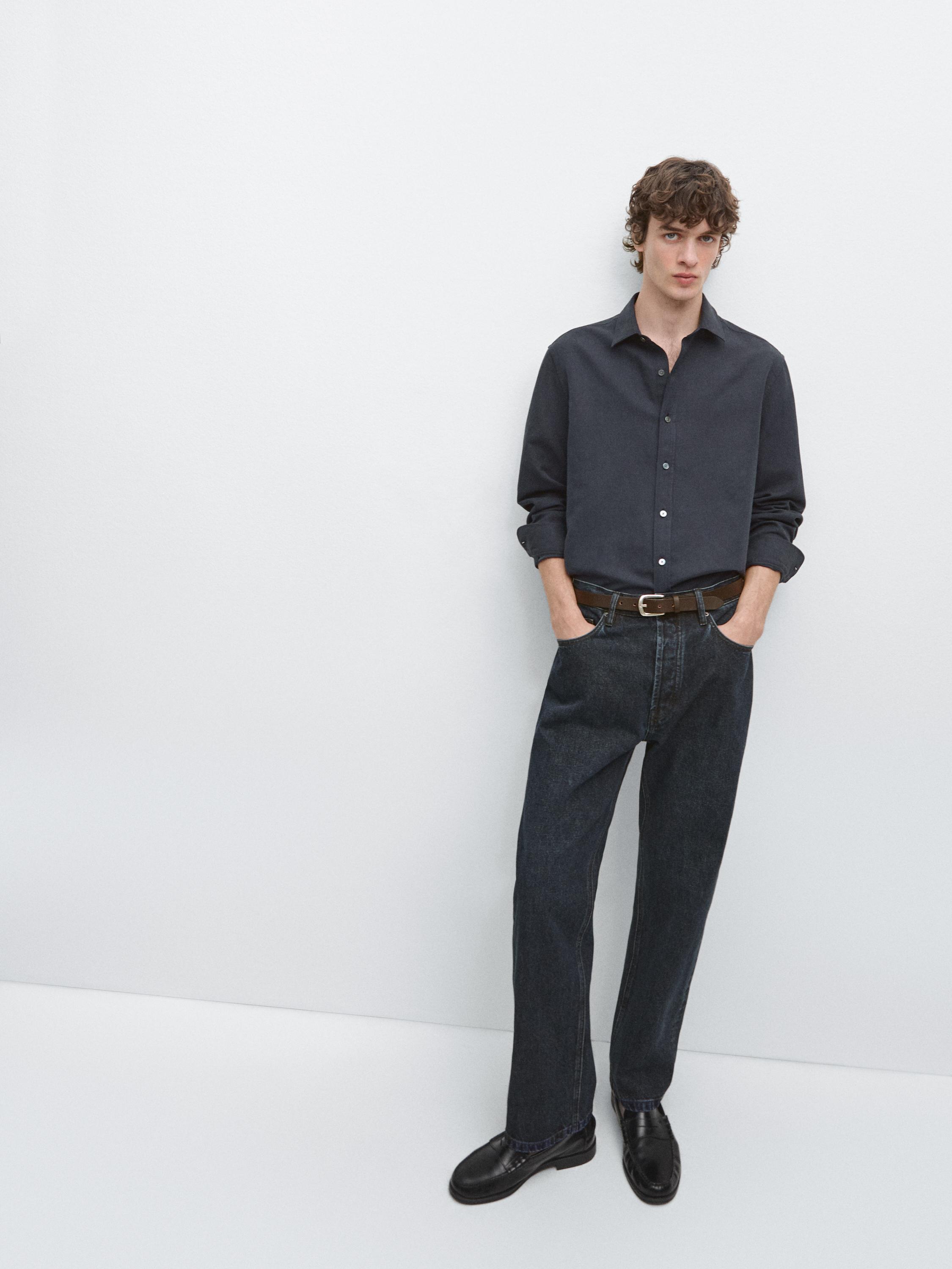 Regular fit linen blend shirt — NAVY BLUE