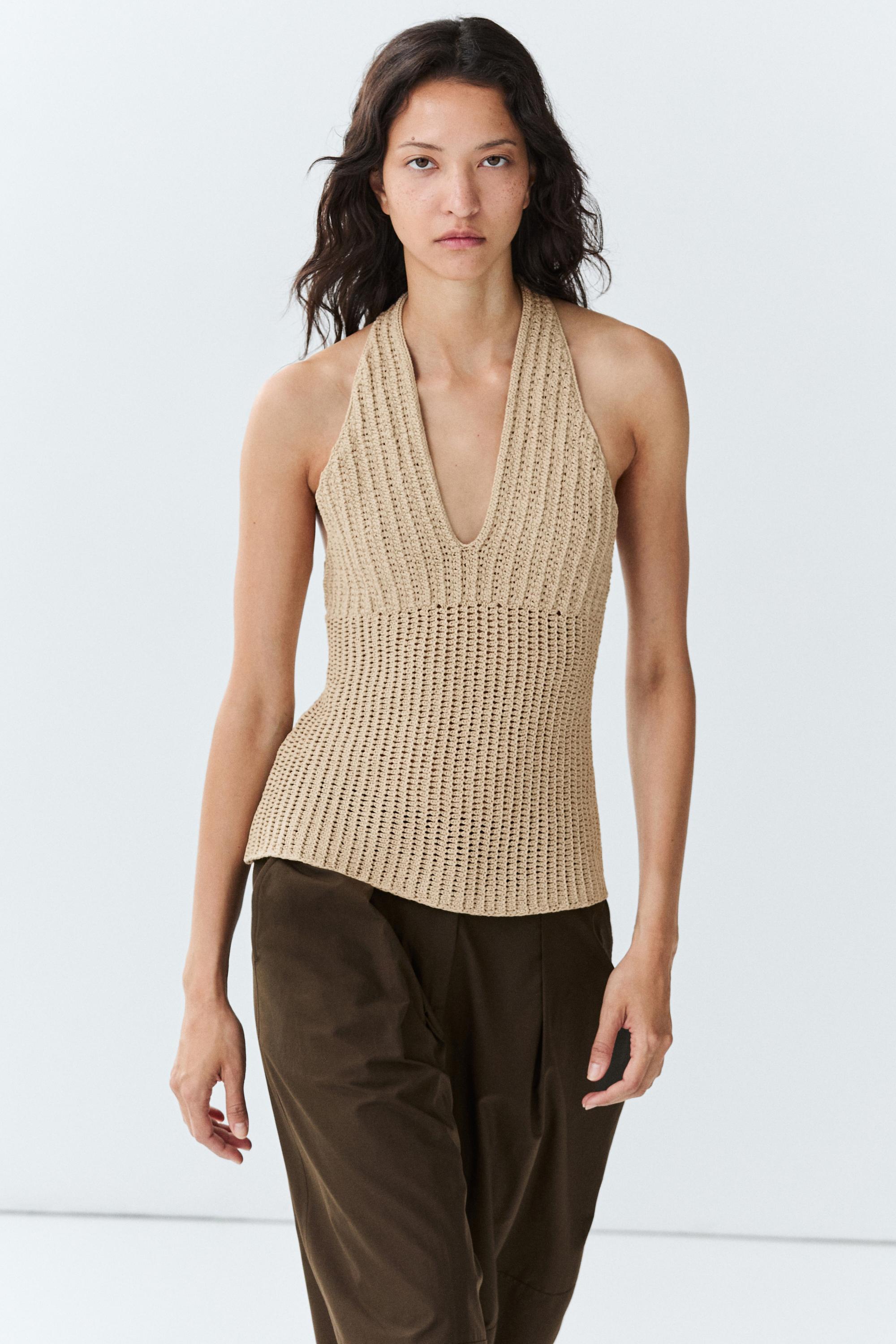 Cotton crochet knit top — BEIGE