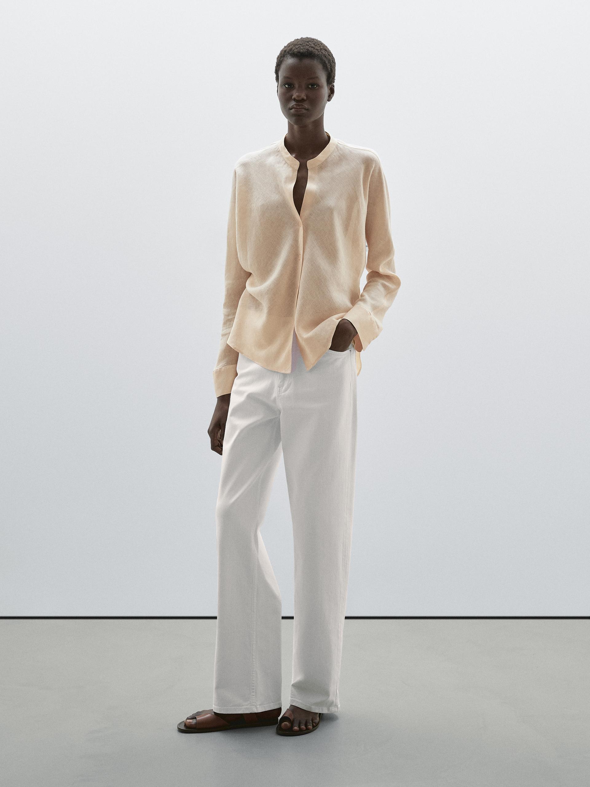 Camicia Morbida Con Collo Alla Coreana In Lino - Giallo - S - Massimo Dutti - Femminile