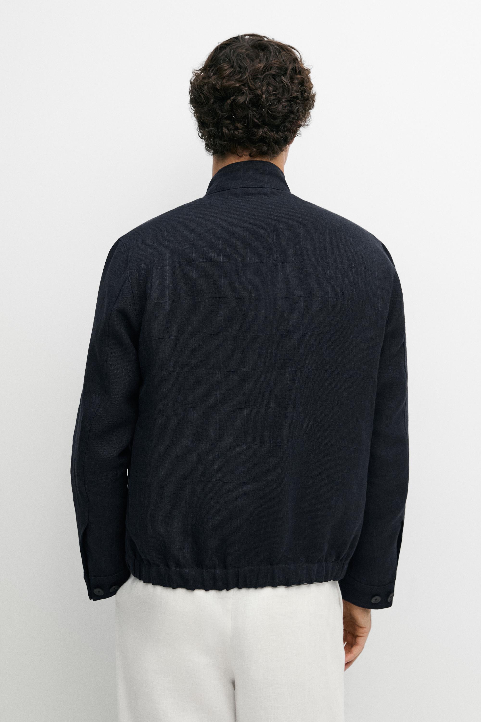 100% linen banded collar jacket — NAVY BLUE