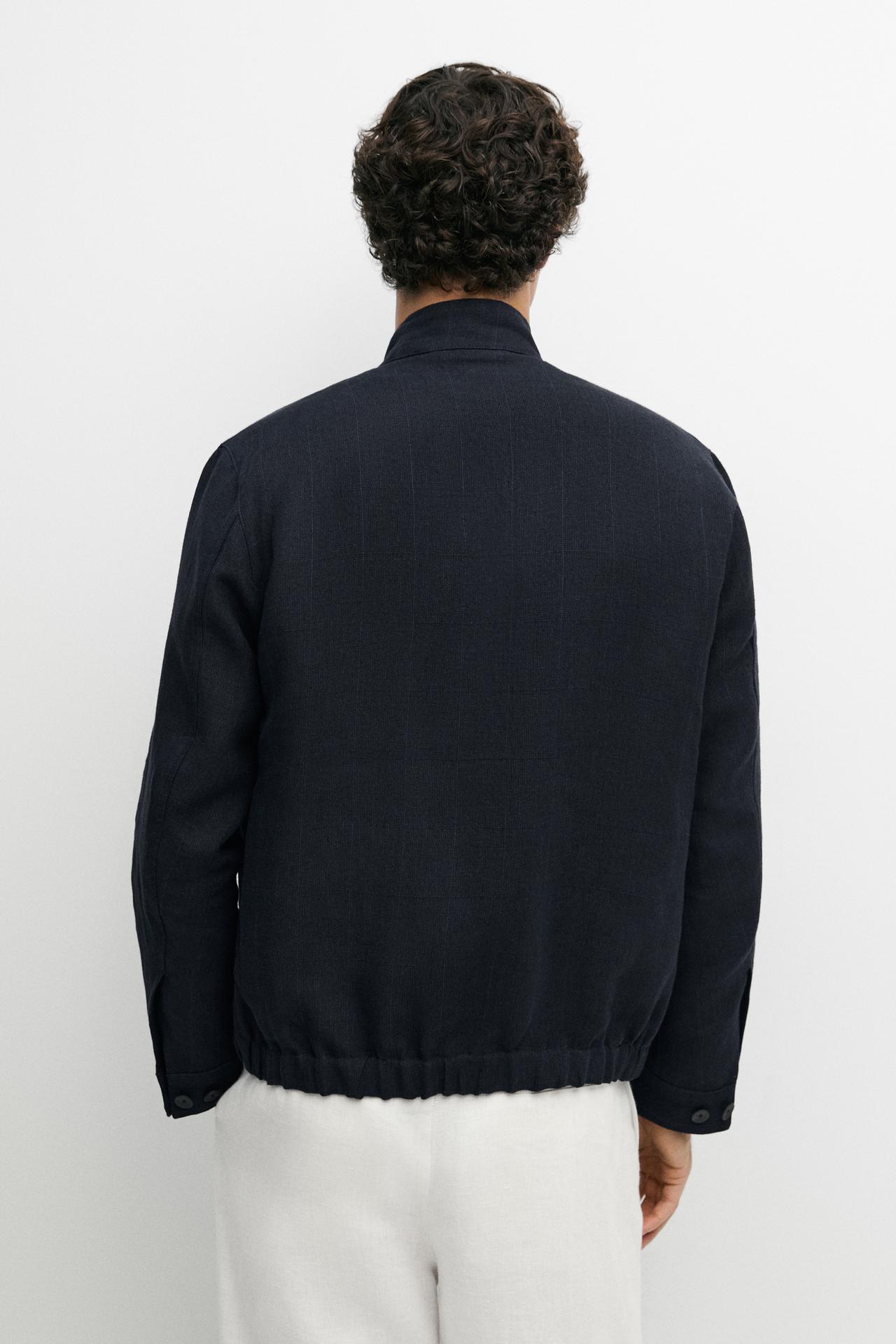 100% linen banded collar jacket — NAVY BLUE