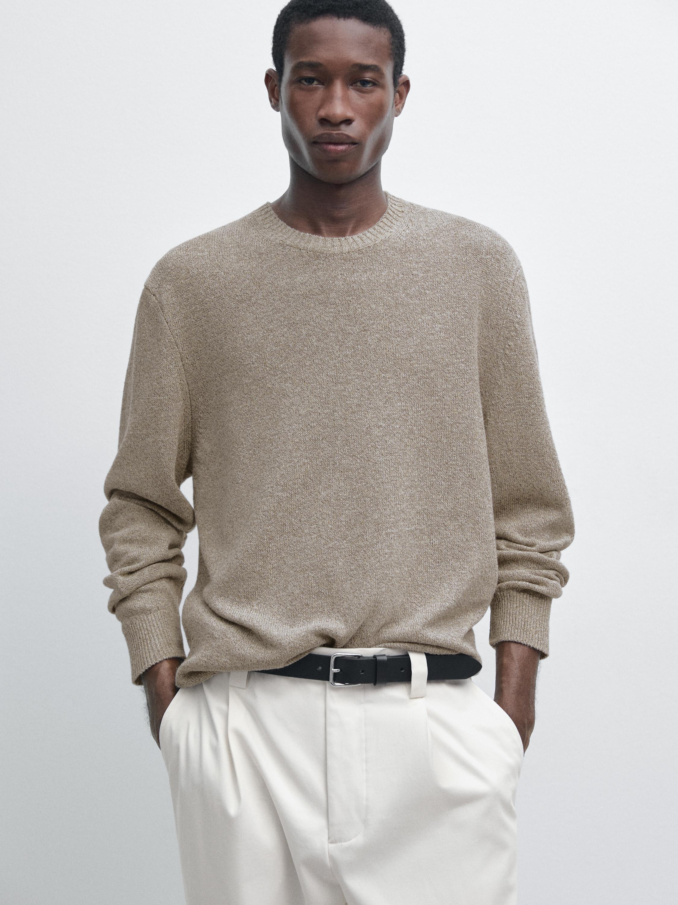 Cotton and linen mouliné knit sweater — BEIGE MARL