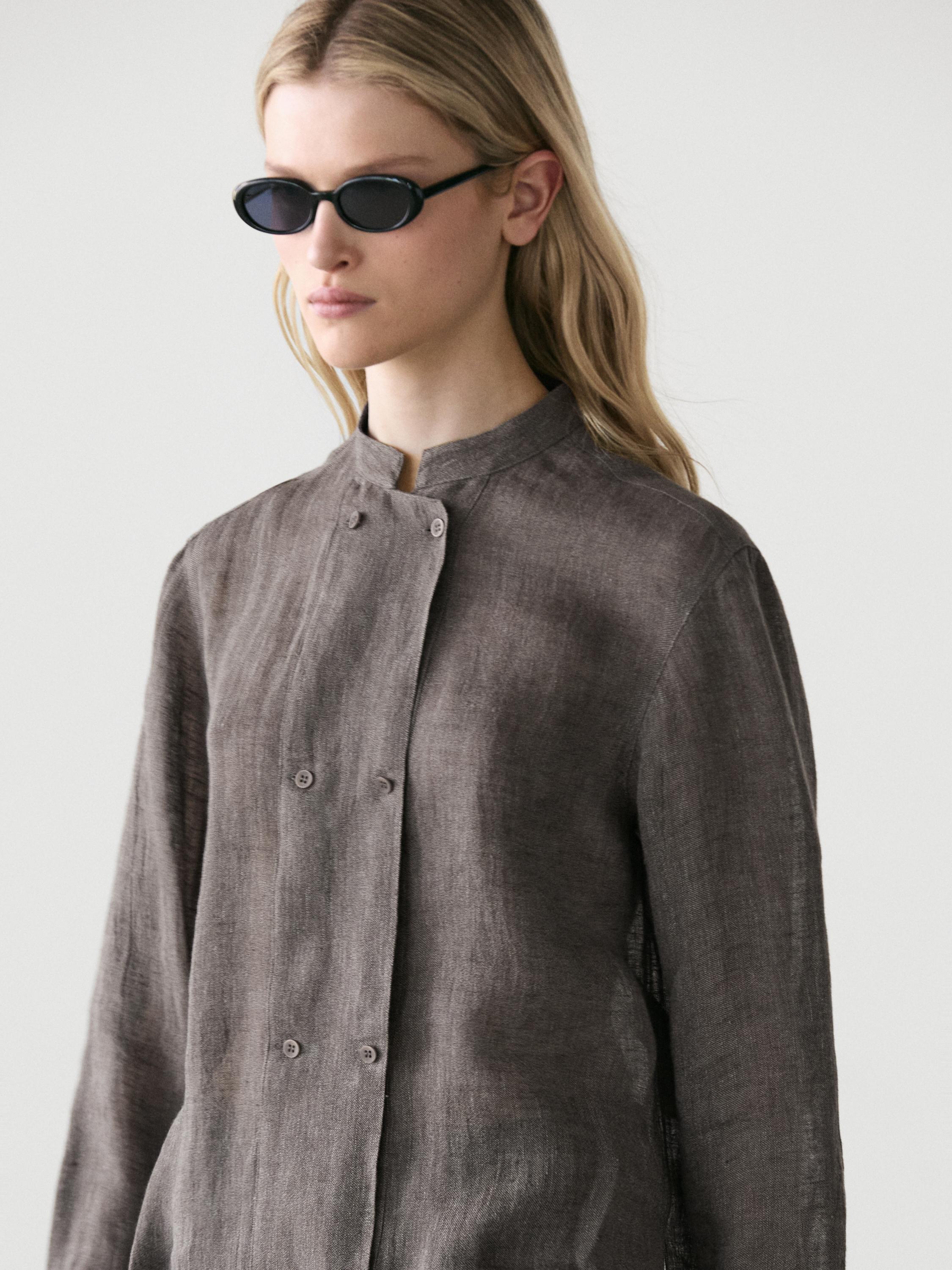Flowing linen blend shirt with button details — MOLE BROWN