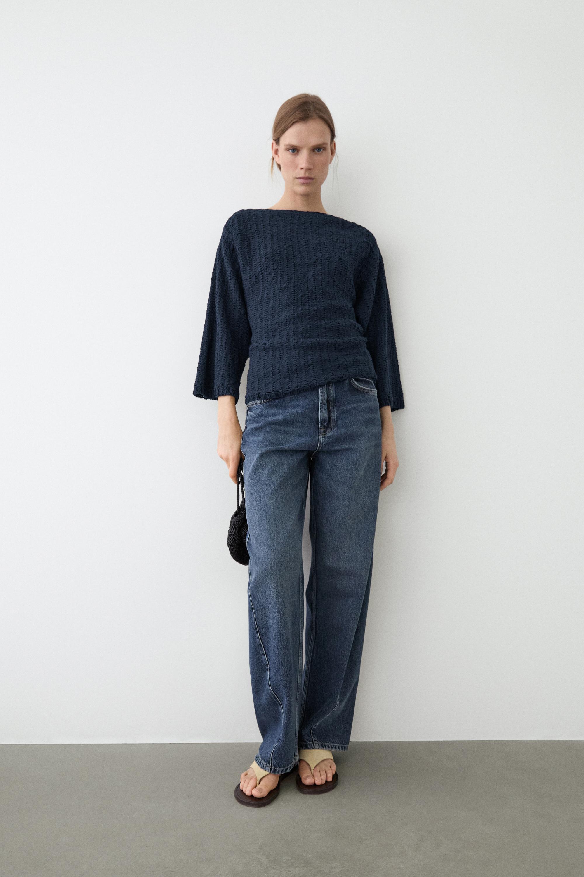 Textured cotton blend knit sweater — NAVY BLUE