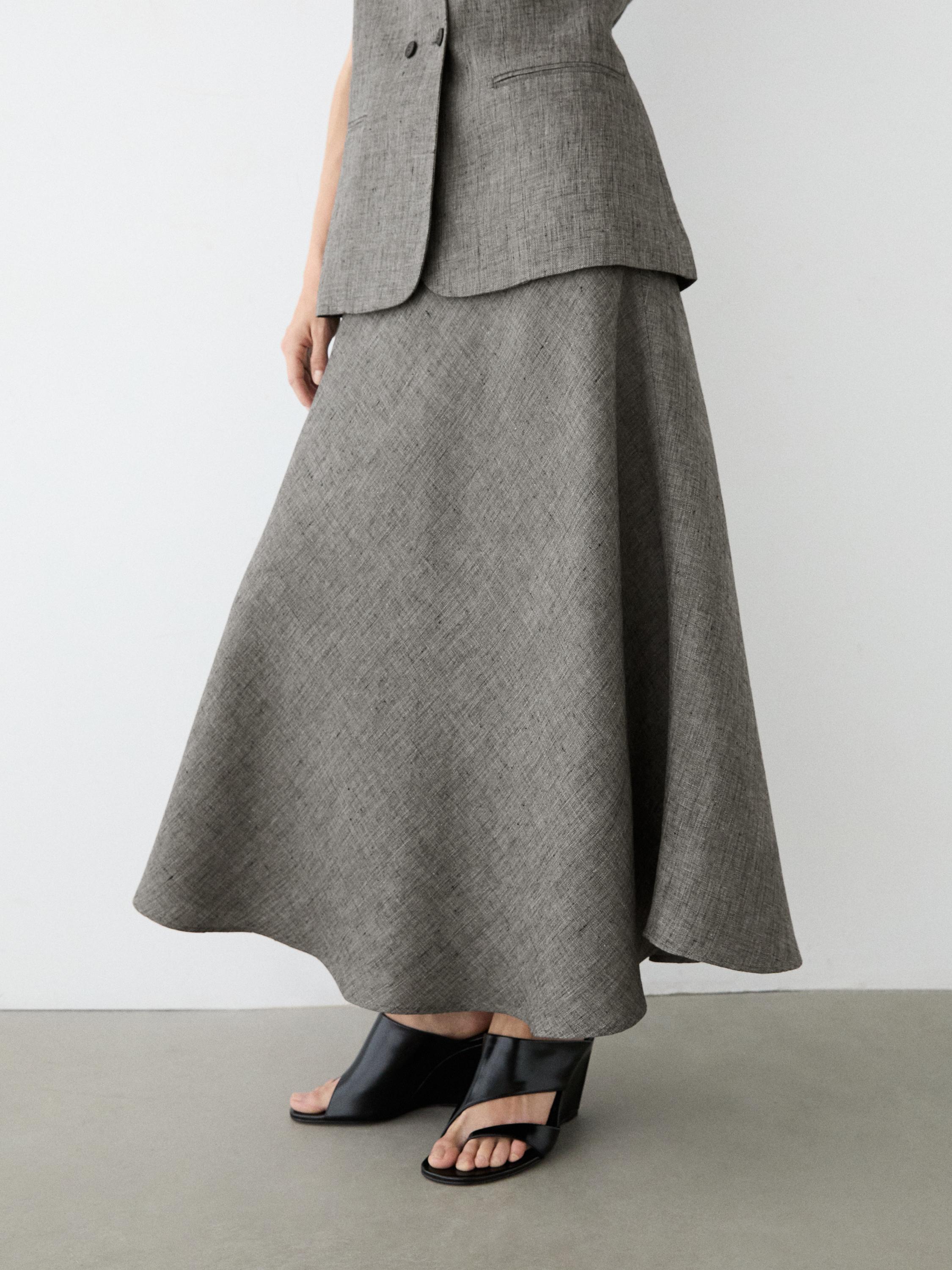 Linen flared midi skirt — BLACK