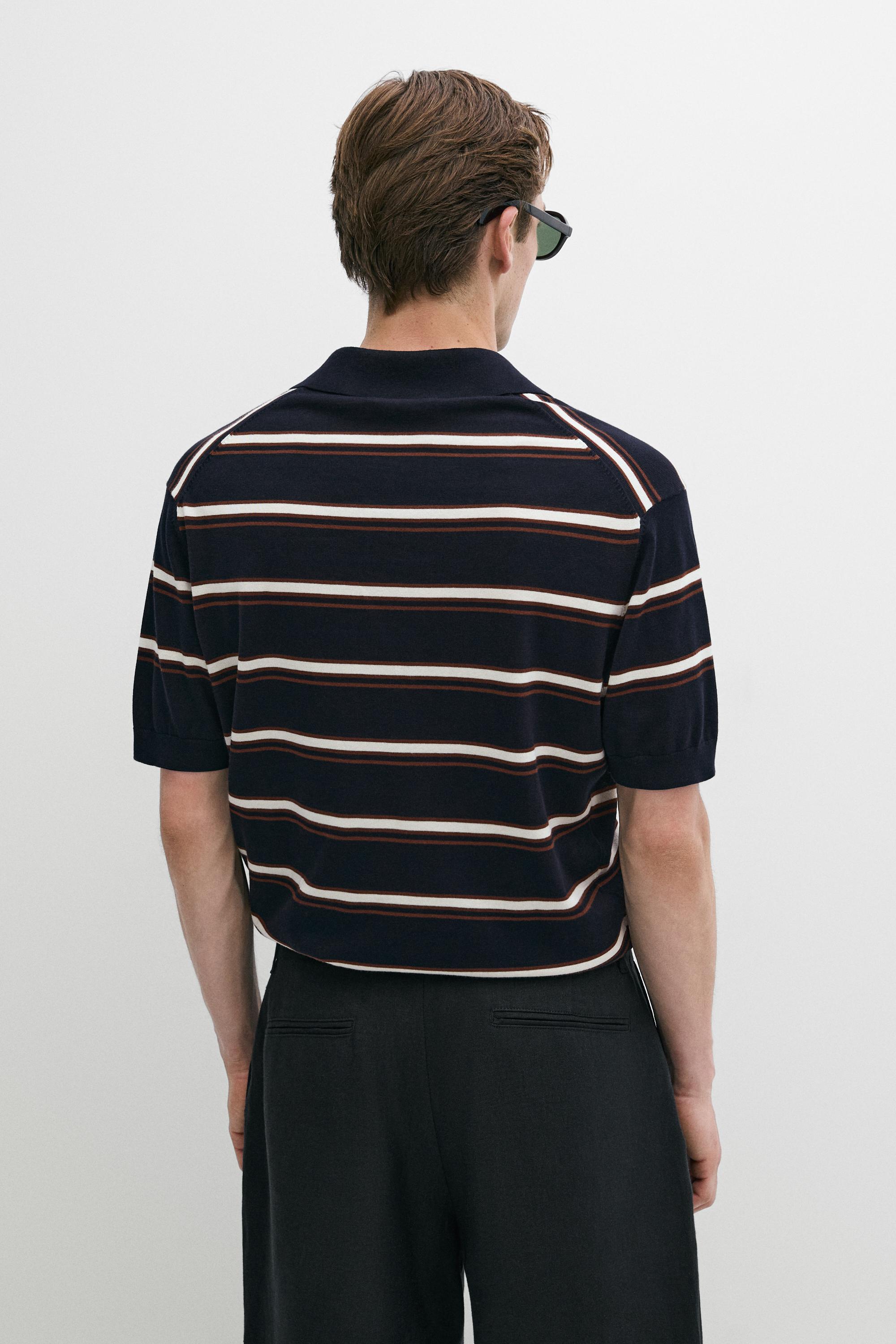 Striped V-neck knit polo shirt — NAVY BLUE