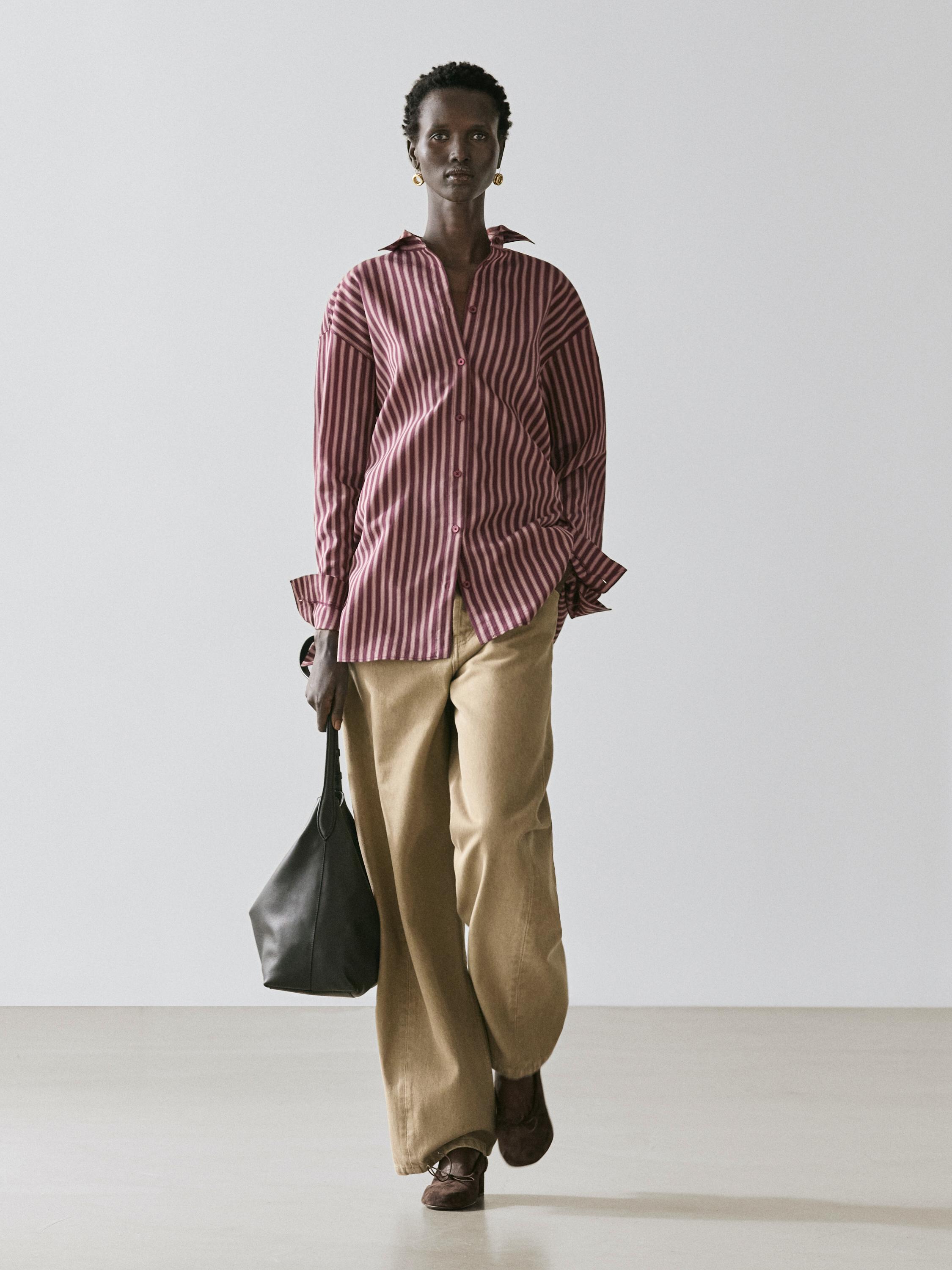 Flowing shirt with striped detailing — BROWN