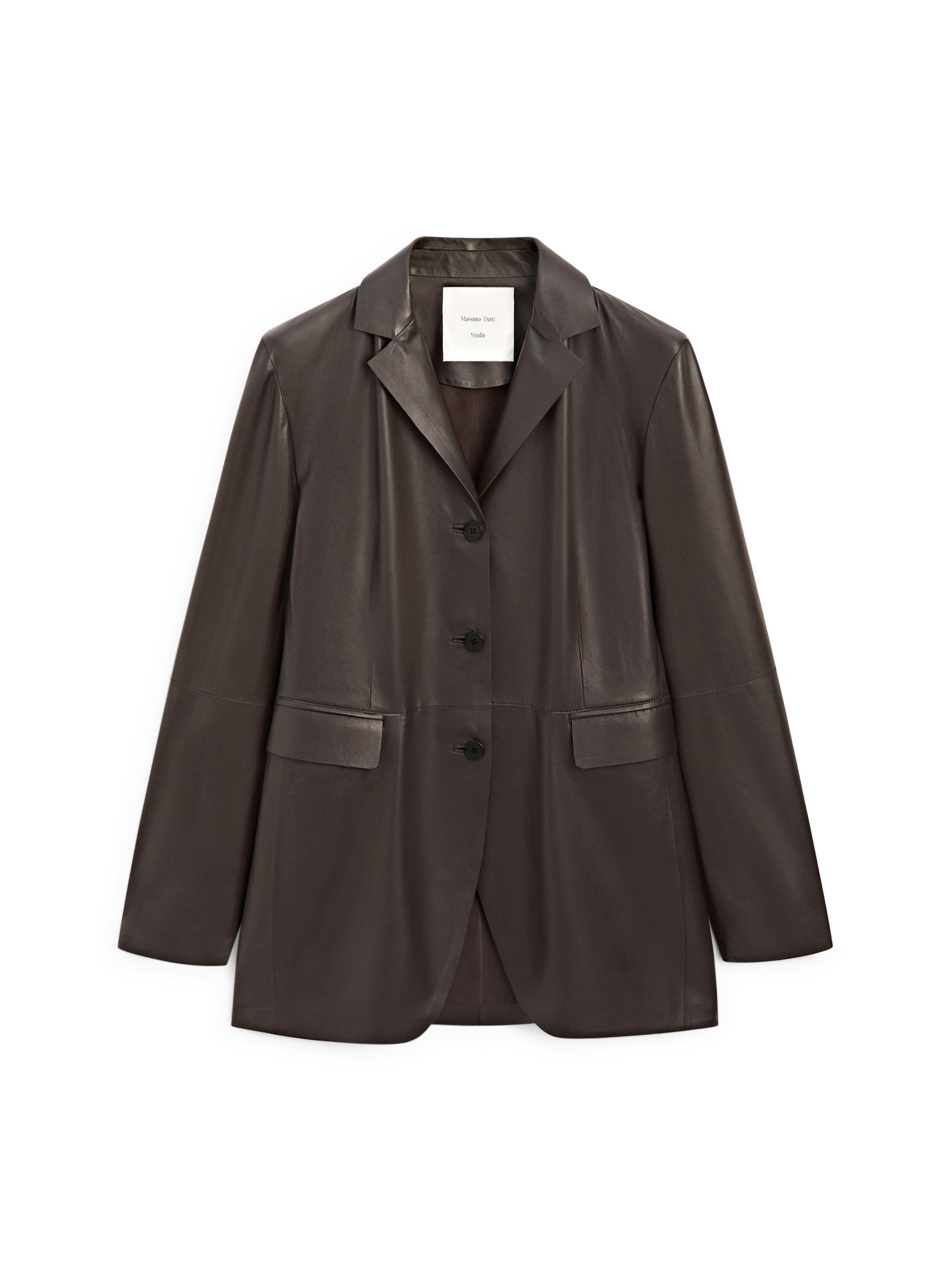 Leather blazer with lapel collar - STUDIO — BROWN