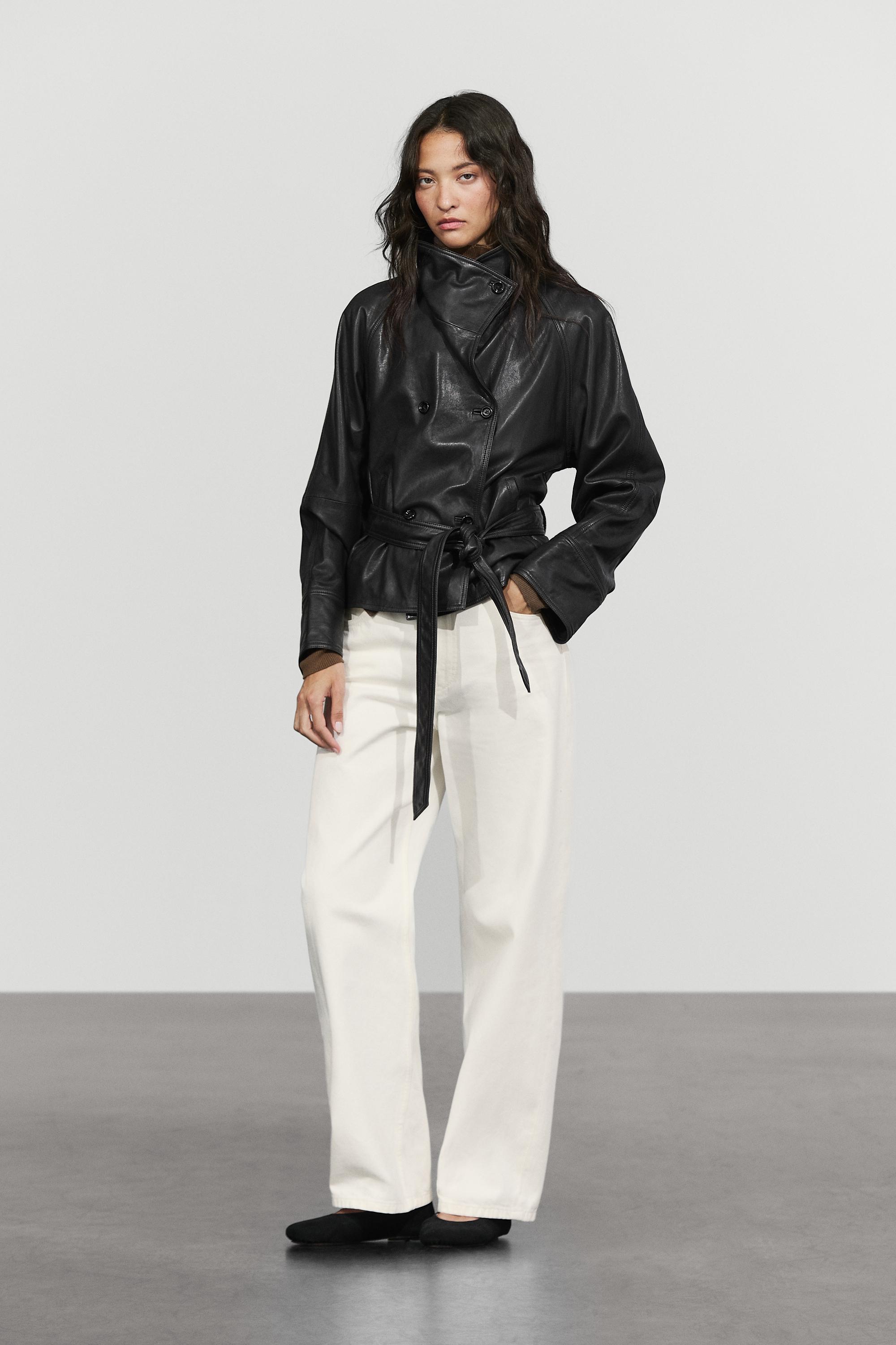 Massimo Dutti Kemerli kısa deri ceket