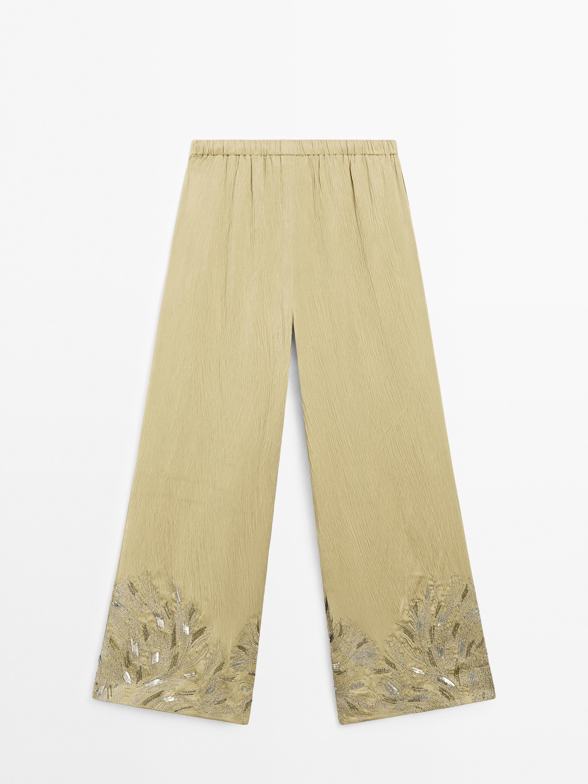 Flowing wide-leg embroidered trousers