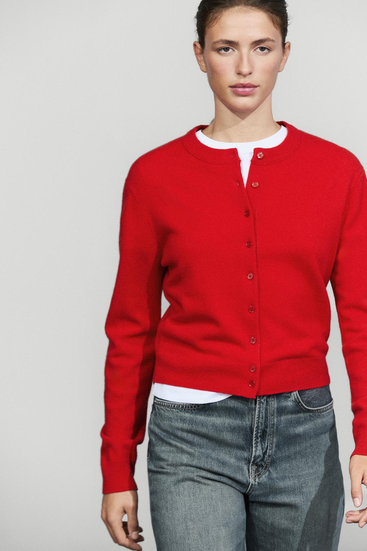 Knit cardigan with button detail — RED