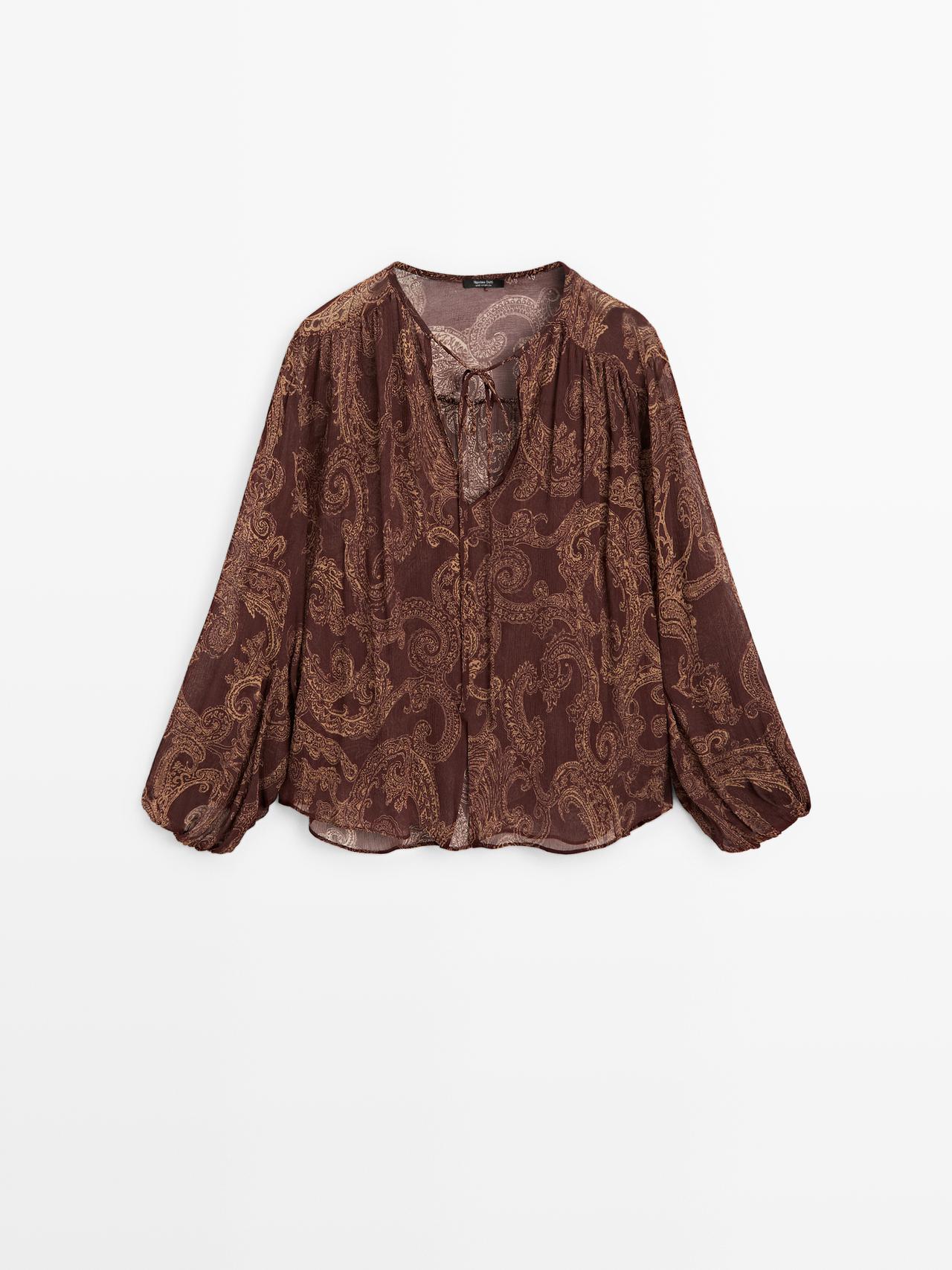 Massimo Dutti - Dame - Bluse Med Blødt Fald Og Paisley-Print - Bordeaux - L