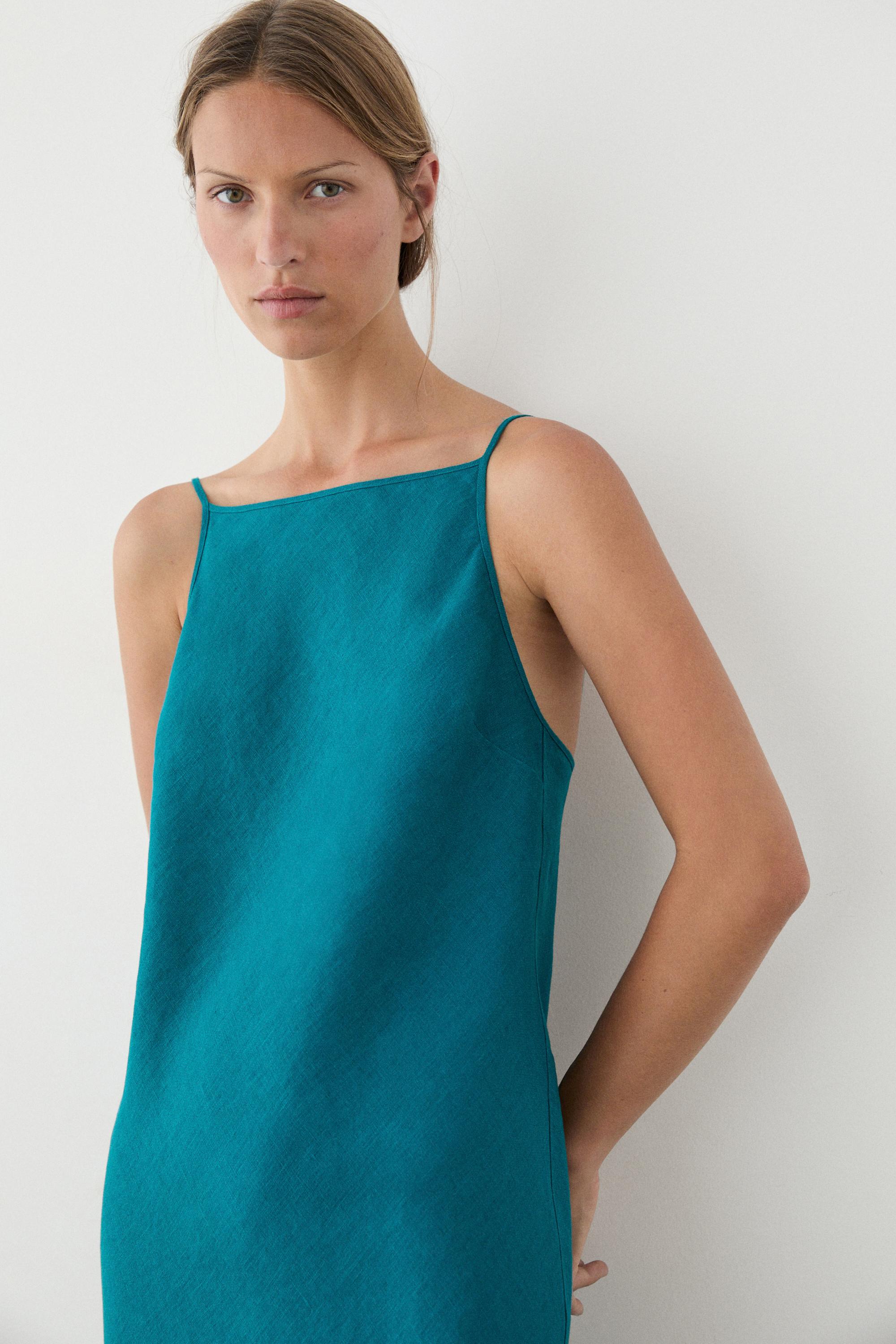 100% linen strappy midi dress - TURQUOISE 100% linen strappy midi dress - TURQUOISE