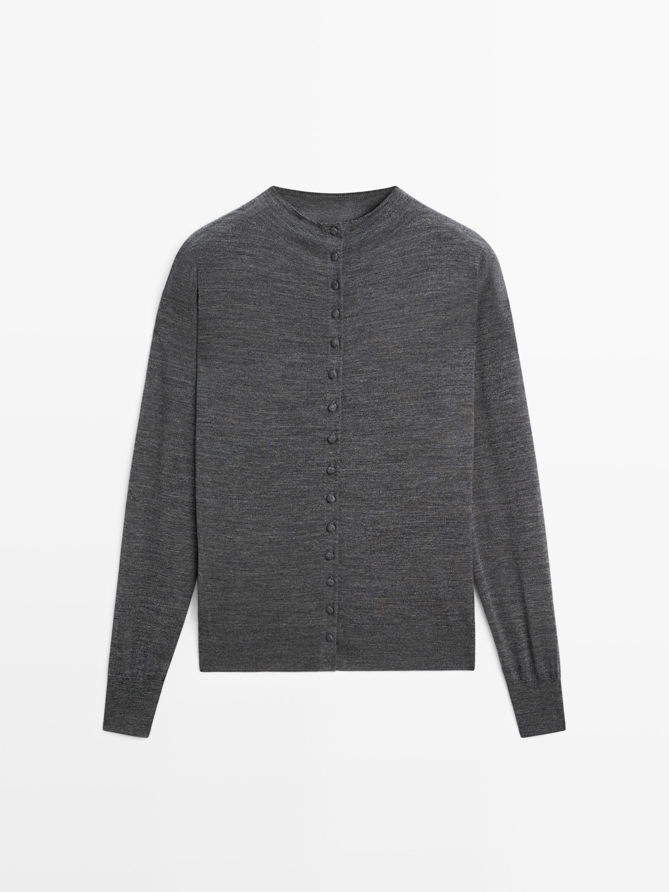 Mock turtleneck cardigan with covered buttons — MEDIUM GREY
