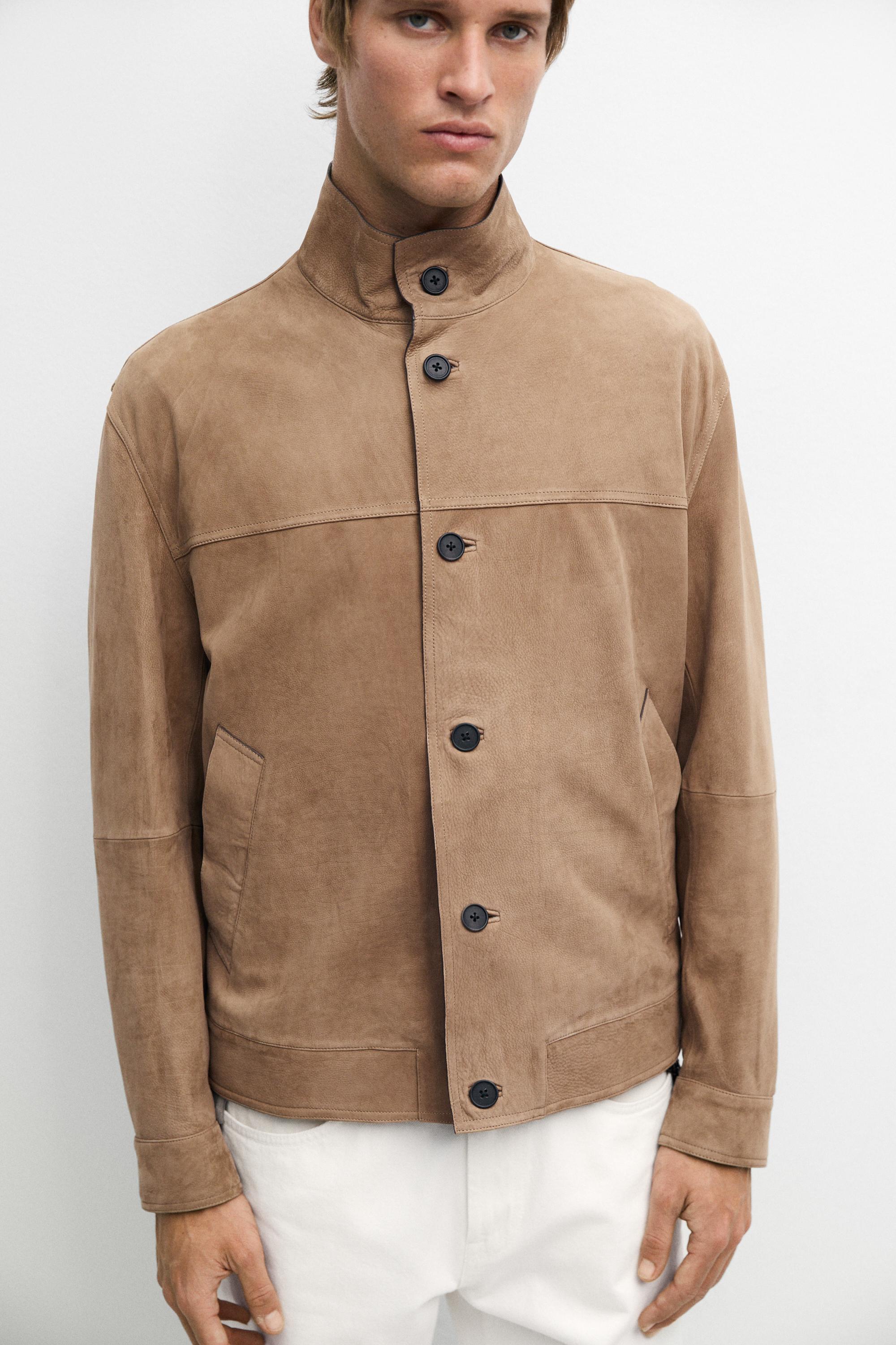 Nubuck leather jacket with stand-up collar — BEIGE