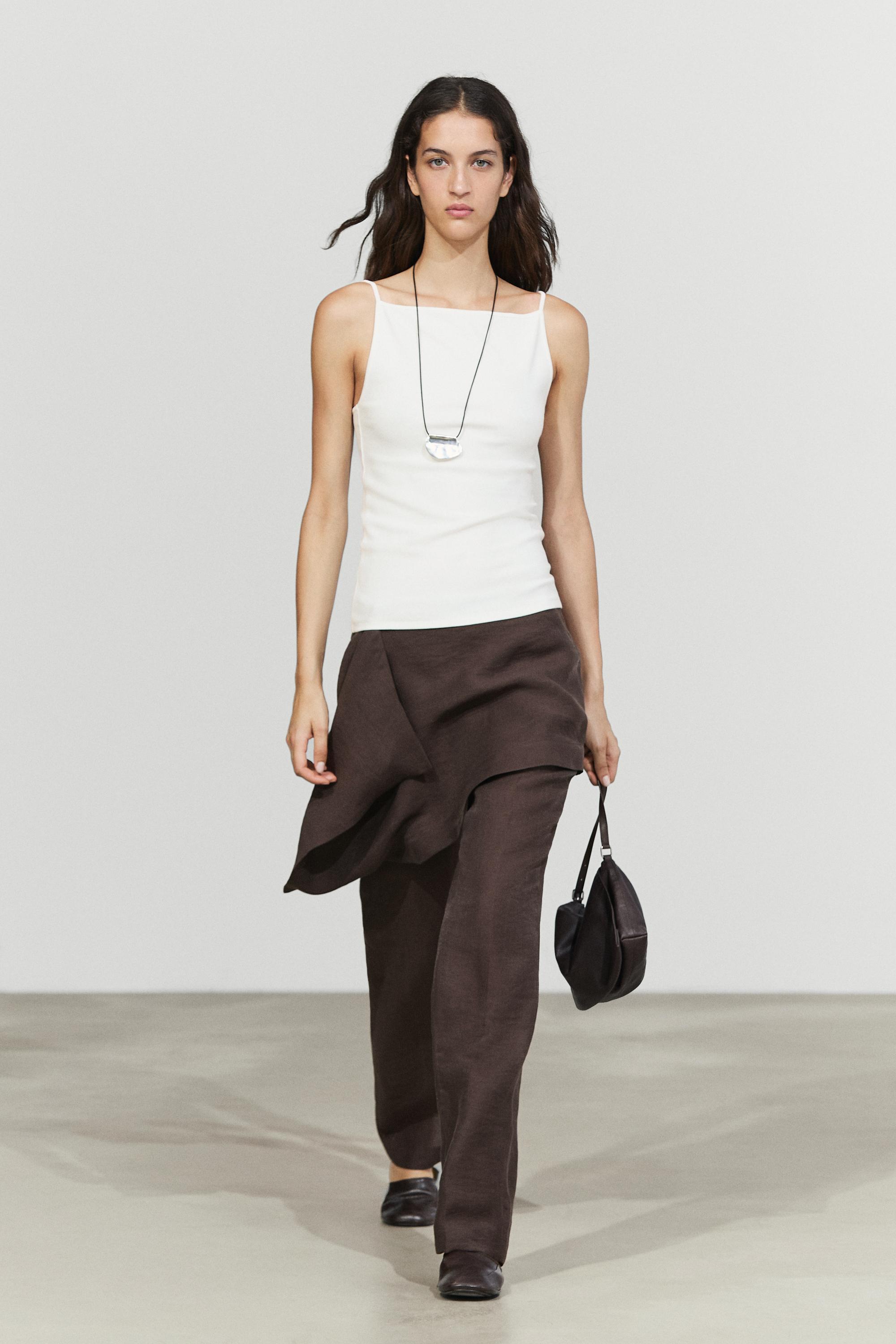 Pants with skirt detail and linen — Chocolate