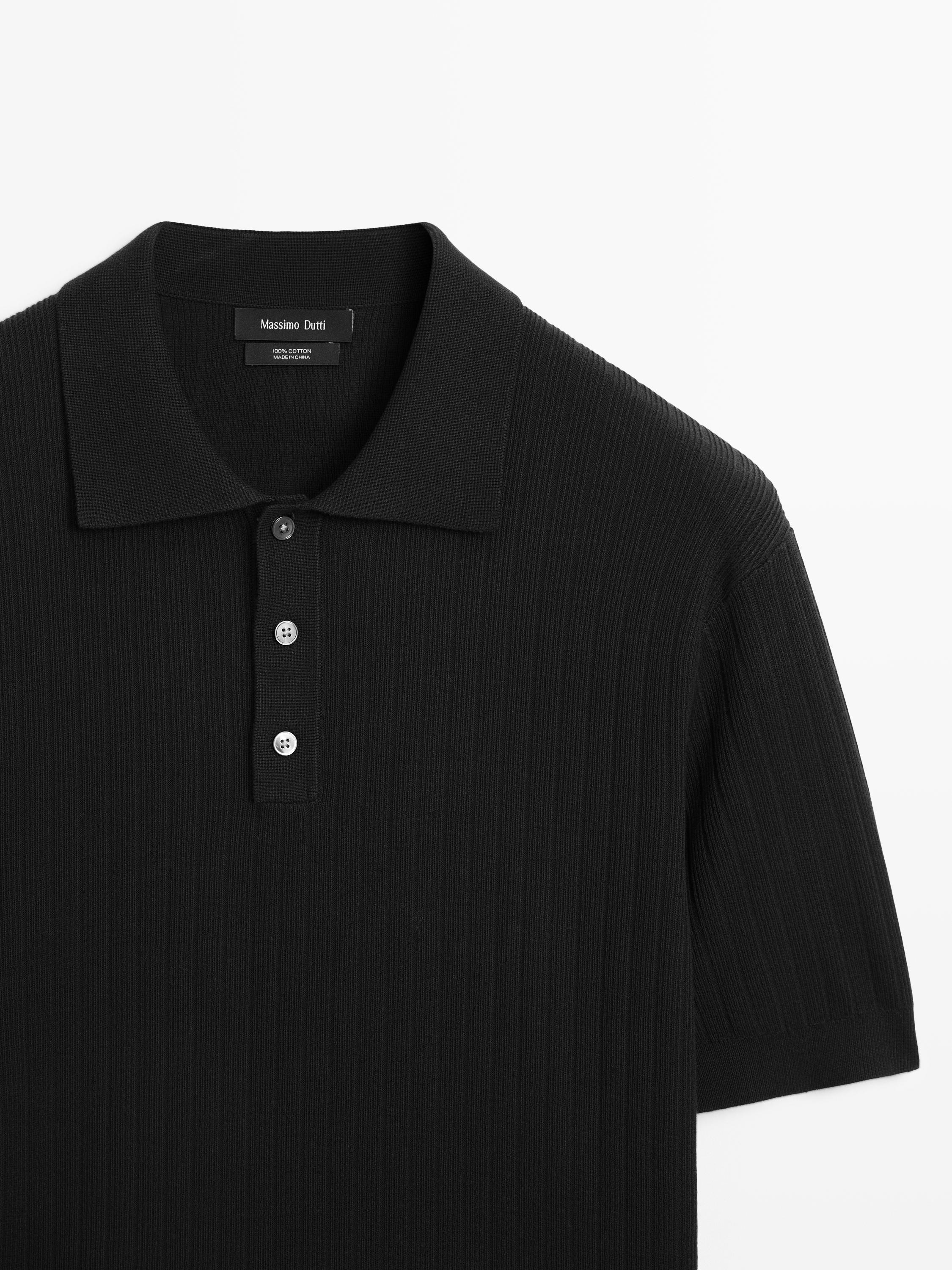 Ribbed knit cotton polo shirt — BLACK