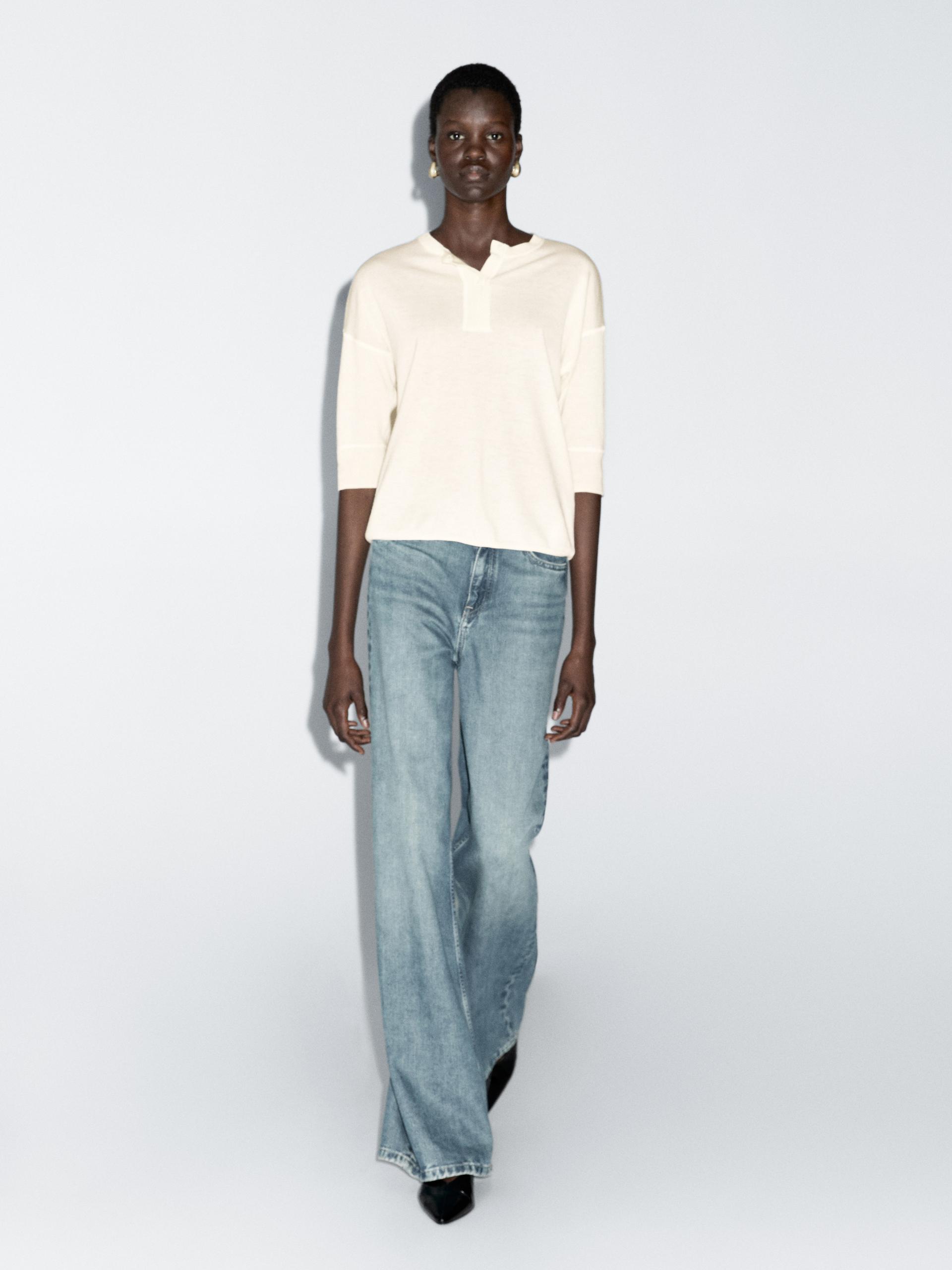 Sweter Z Mieszanki Wełny Bez Kołnierza - Surowy - Xs - Massimo Dutti - Kobieta