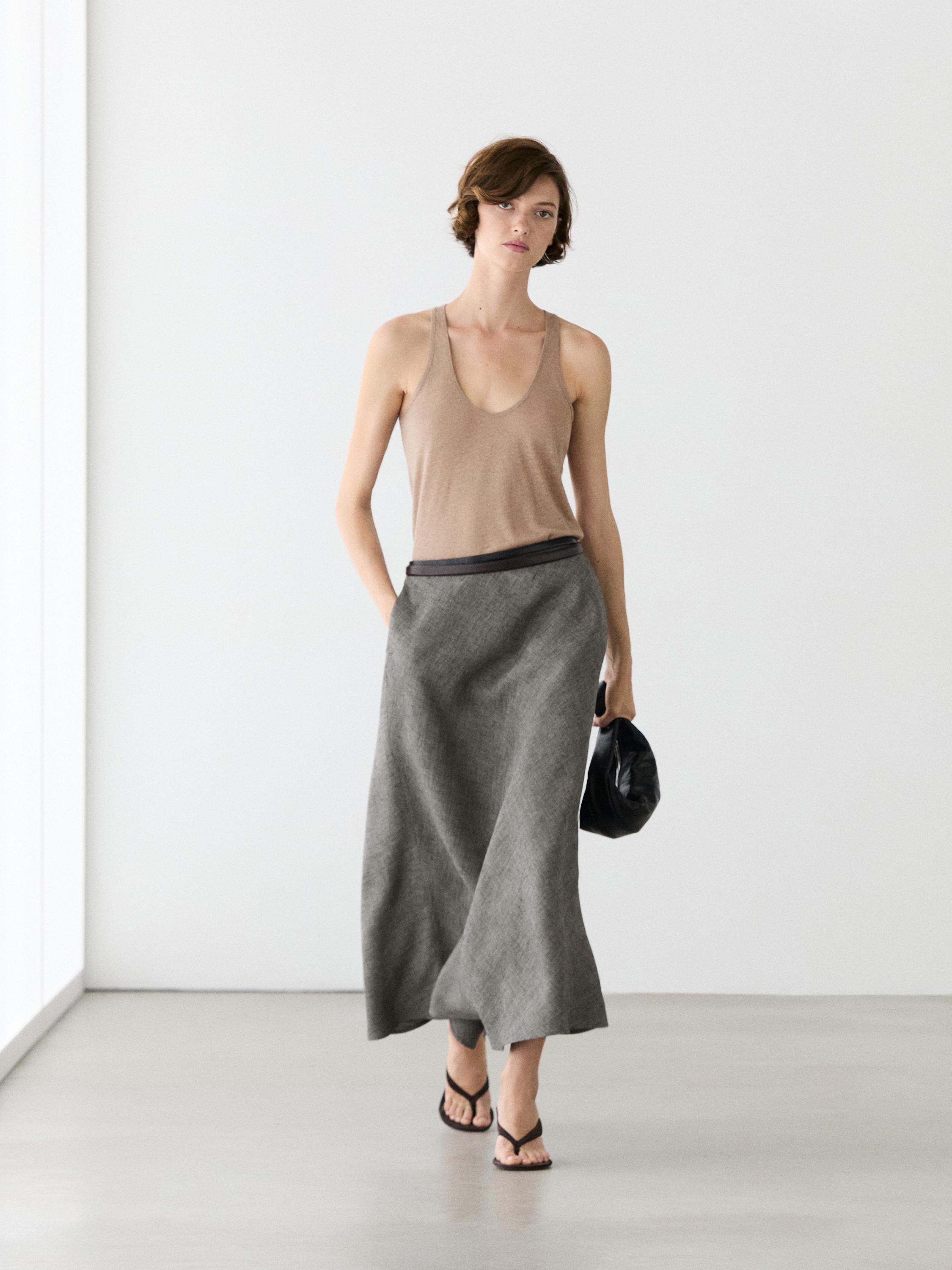 Linen flared midi skirt — BLACK
