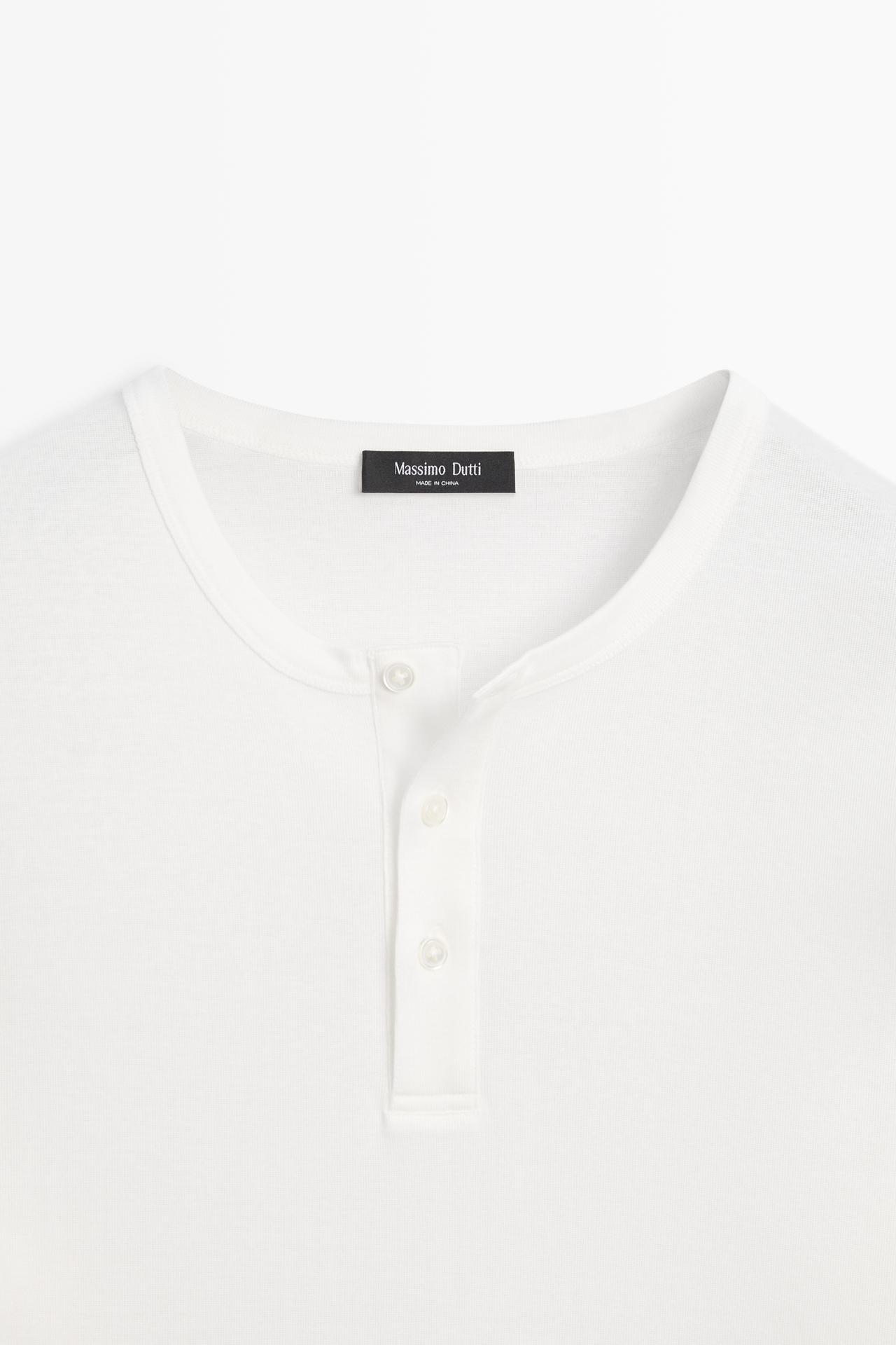 100% cotton long sleeve henley T-shirt — WHITE