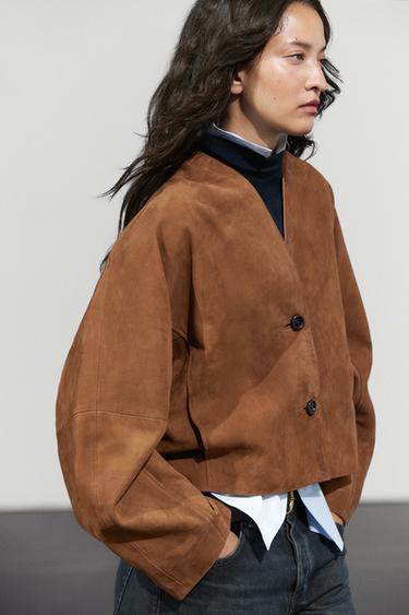 Suede V-neck balloon jacket — CAMEL 5