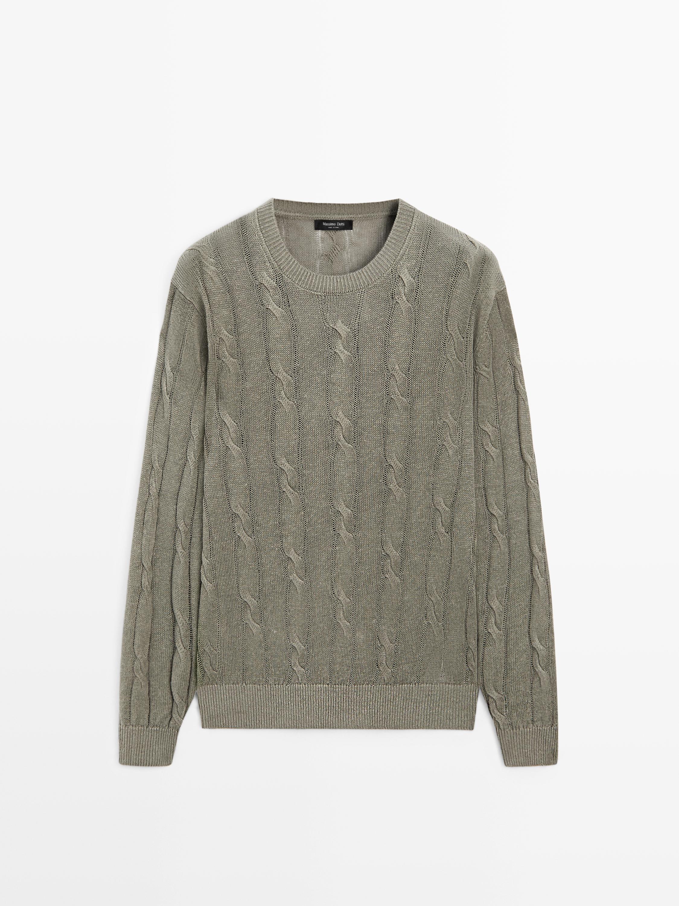 100% linen cable-knit sweater — PALE KHAKI