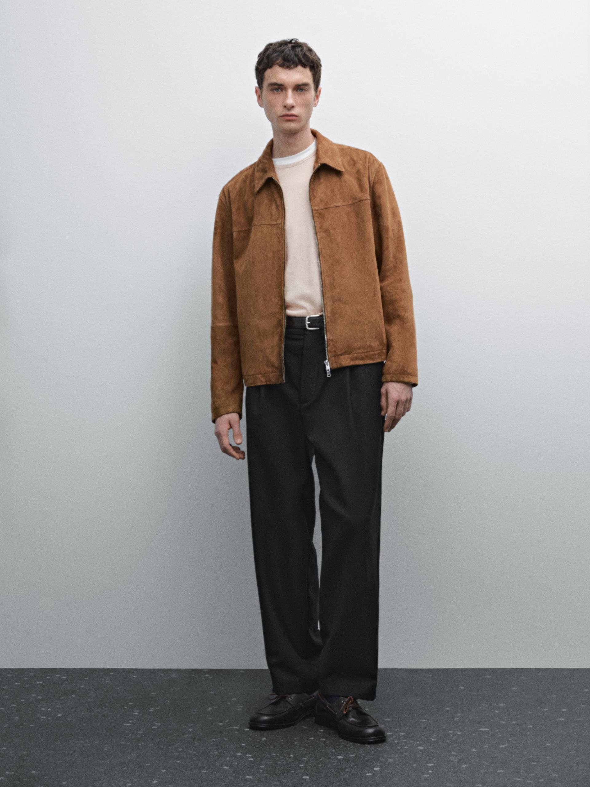Veste À Fermeture Éclair En Cuir Effet Daim - Délavé - L - Massimo Dutti - Homme