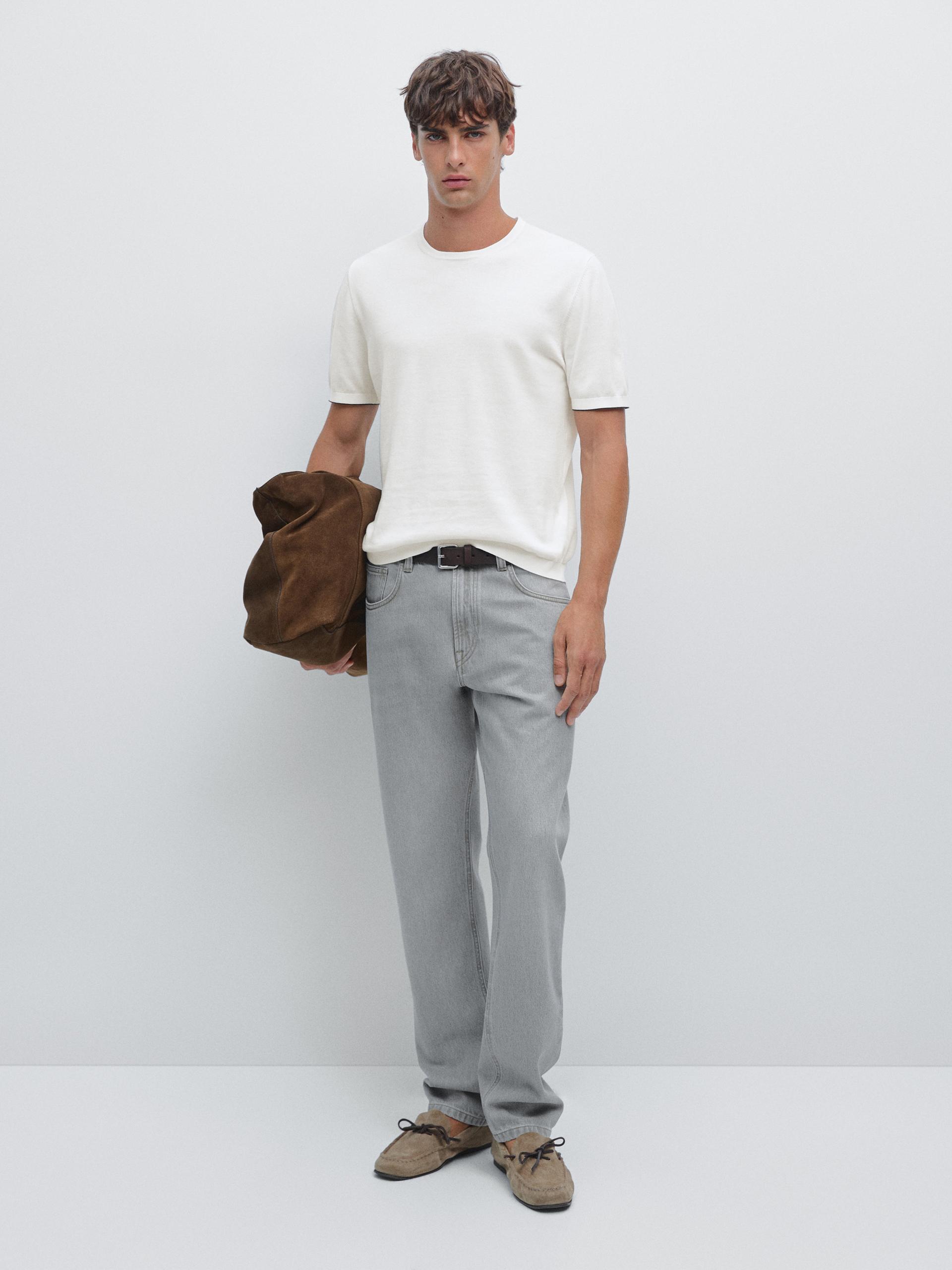 Maglietta In Maglia A Maniche Corte Con Dettaglio Colorato - Bianco - S - Massimo Dutti - Maschile