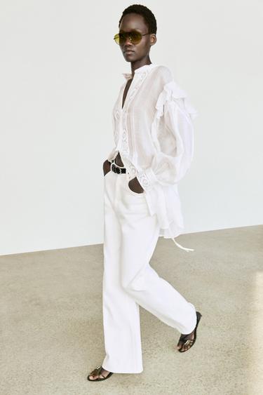 Stand collar blouse with embroidery and ruffles — WHITE 8