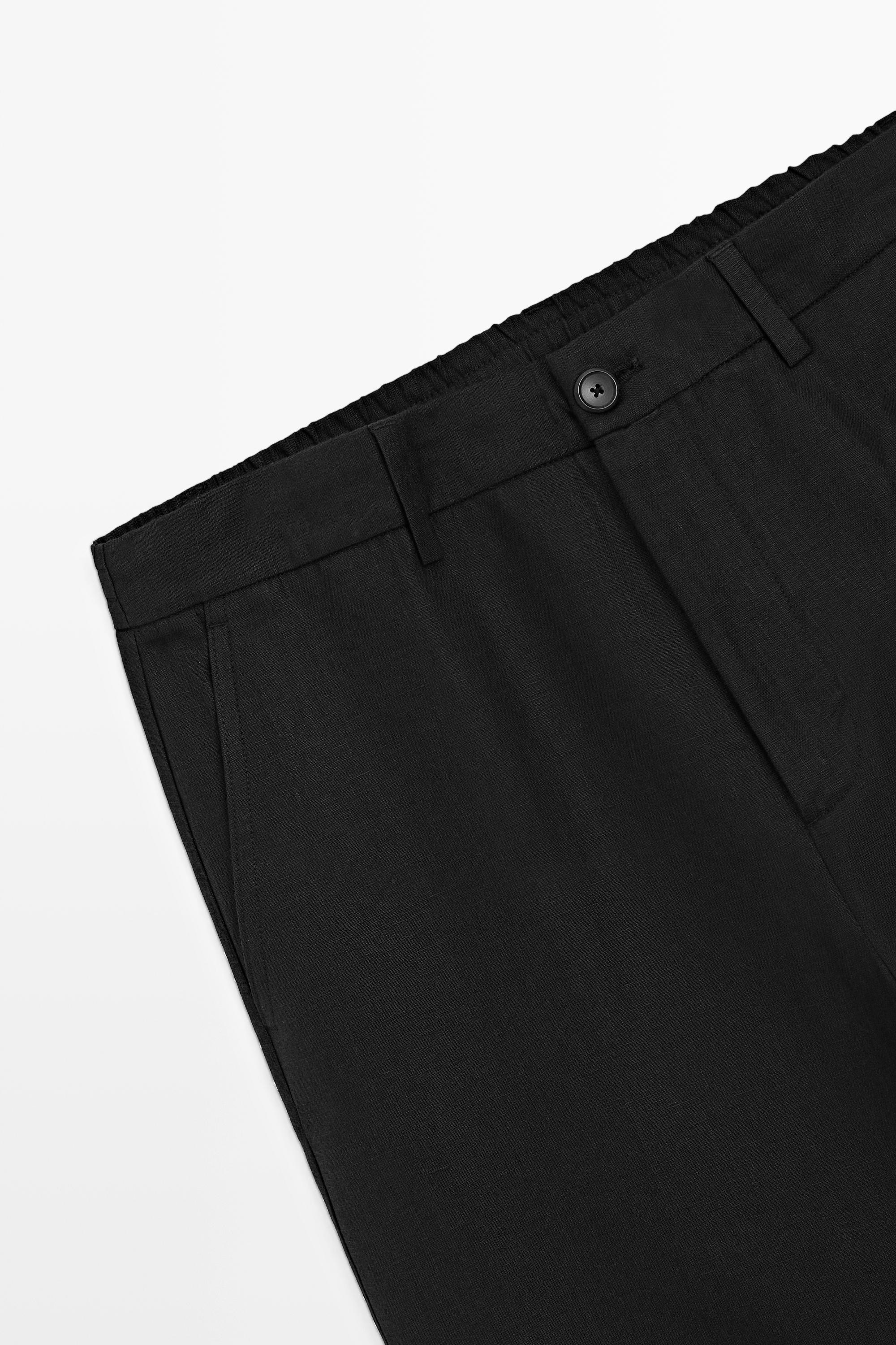 100% linen straight-leg trousers — BLACK