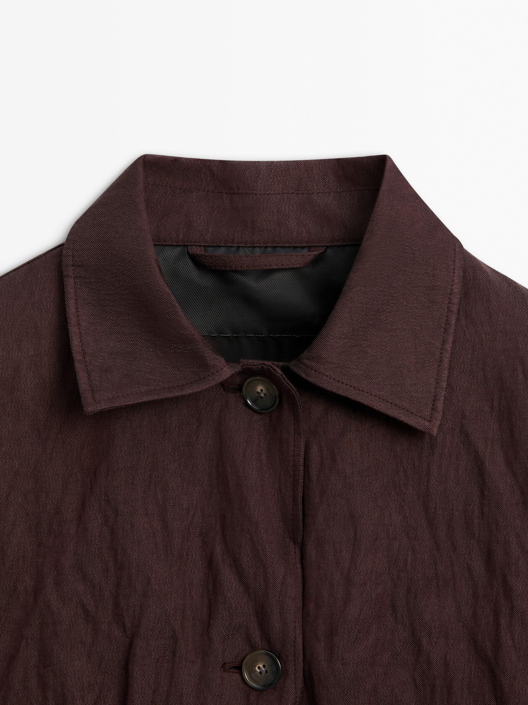 Burgundy trench coat in crinkle fabric