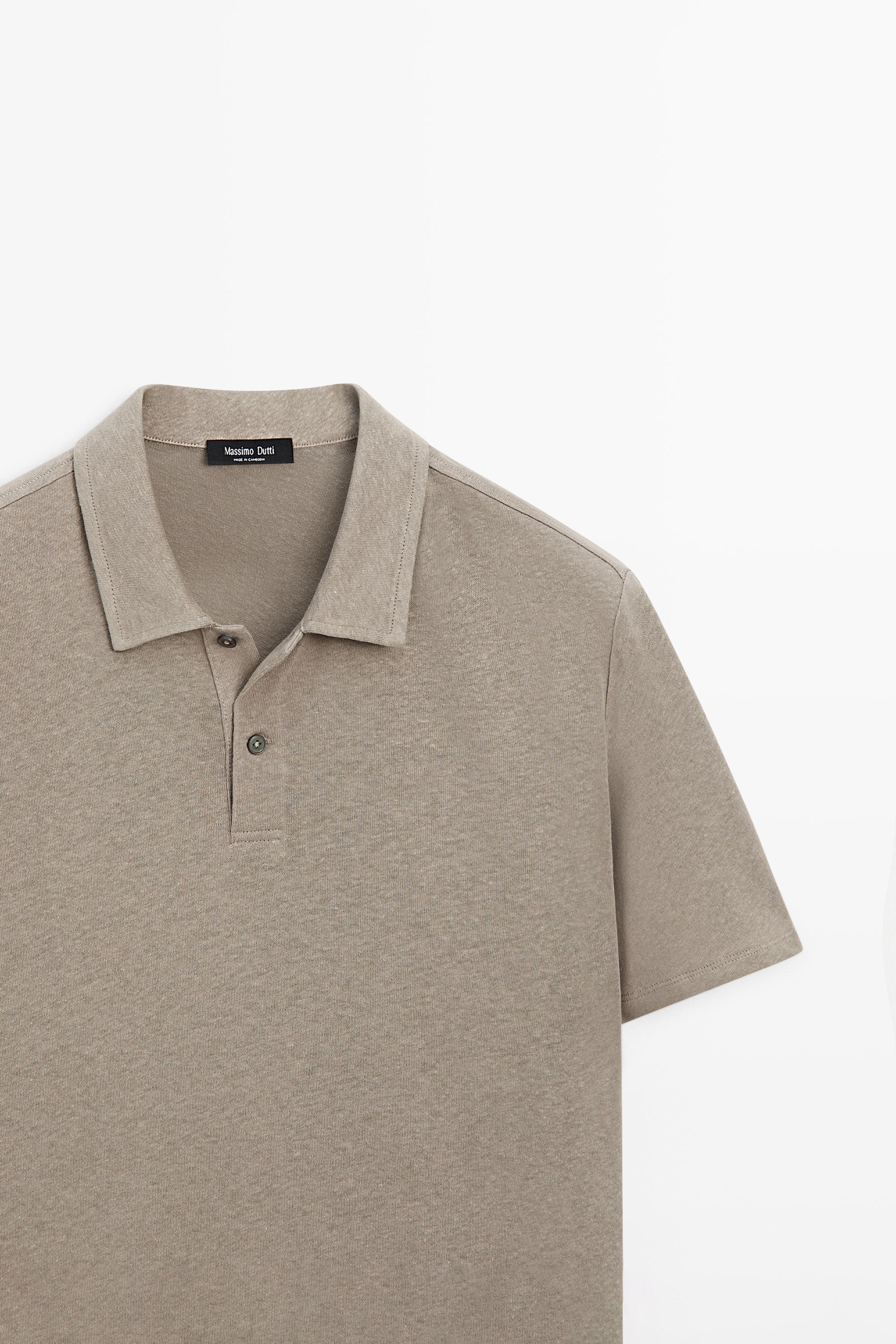 Linen and cotton short sleeve polo shirt — MOLE BROWN