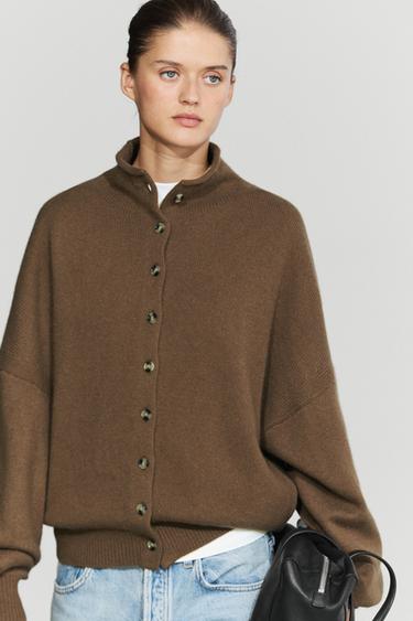 Wool and cashmere knit funnel neck cardigan — Caramel 3