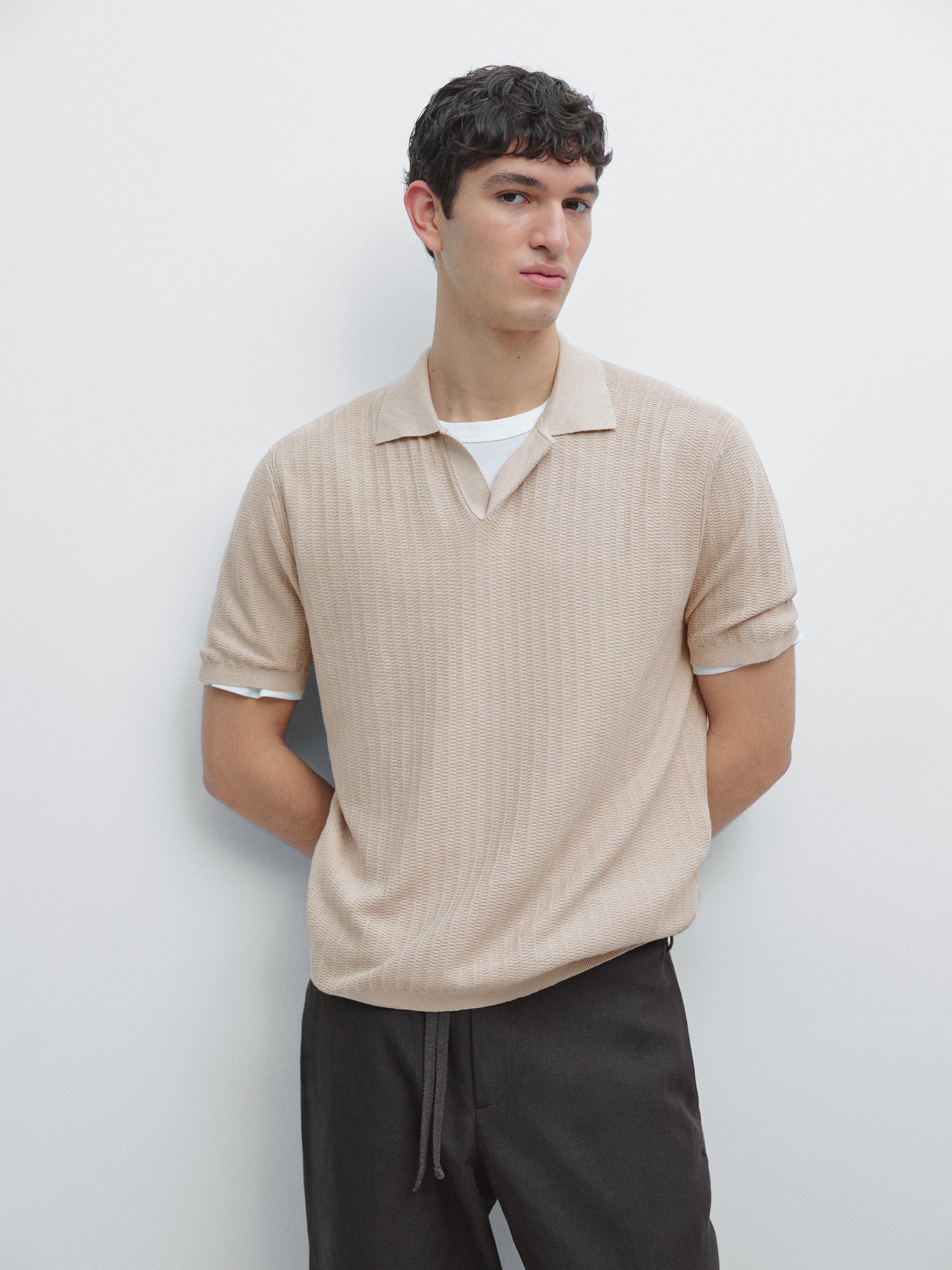 Short sleeve cotton and linen blend knit polo shirt