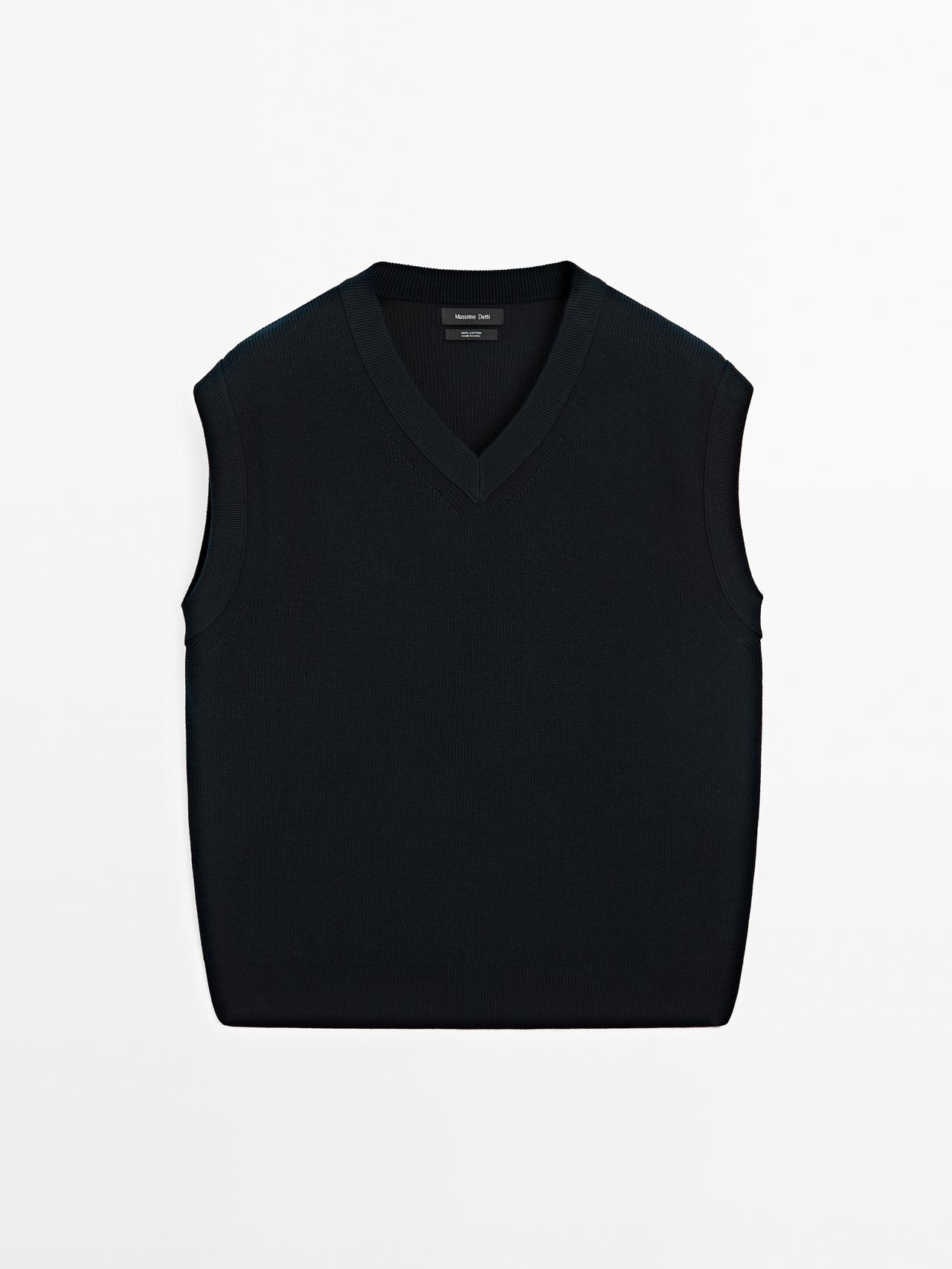 Massimo Dutti - Herre - Slipover I Strik Af 100 % Bomuld - Marineblå - L