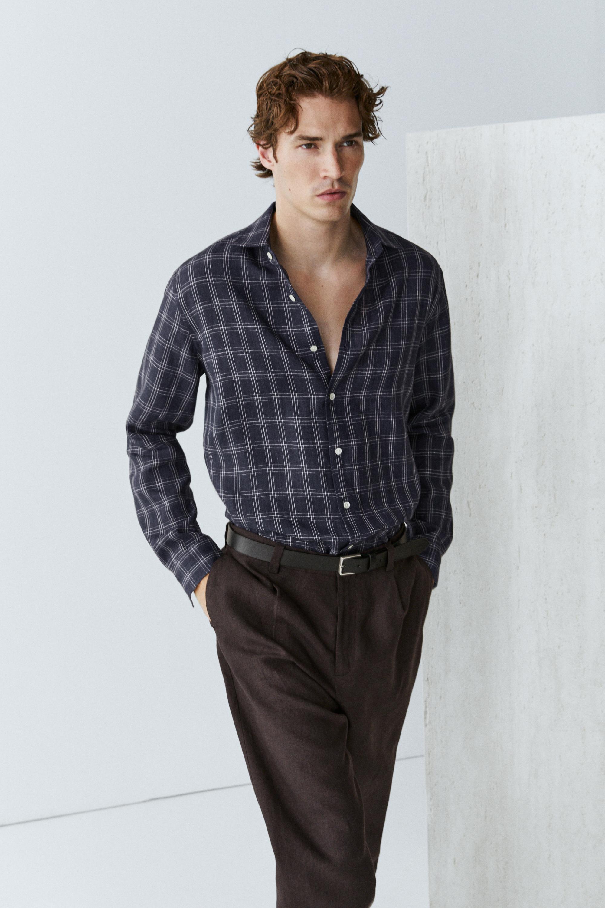 100% linen regular fit check shirt — DARK BLUE