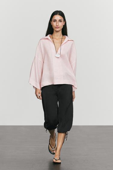 100% linen polo collar shirt — PALE PINK 1