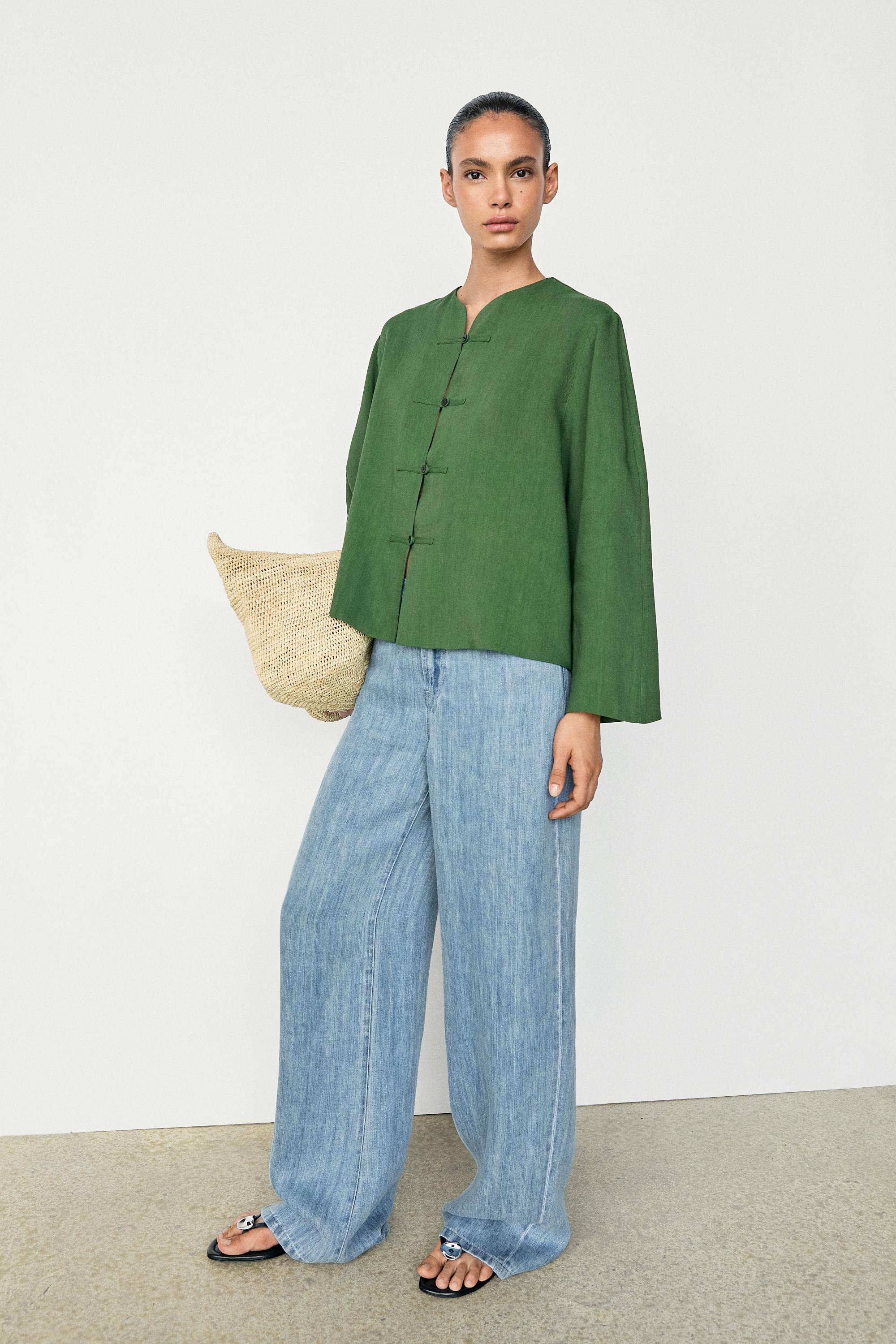 Total look flowing overshirt with button details — BLUISH GREEN
