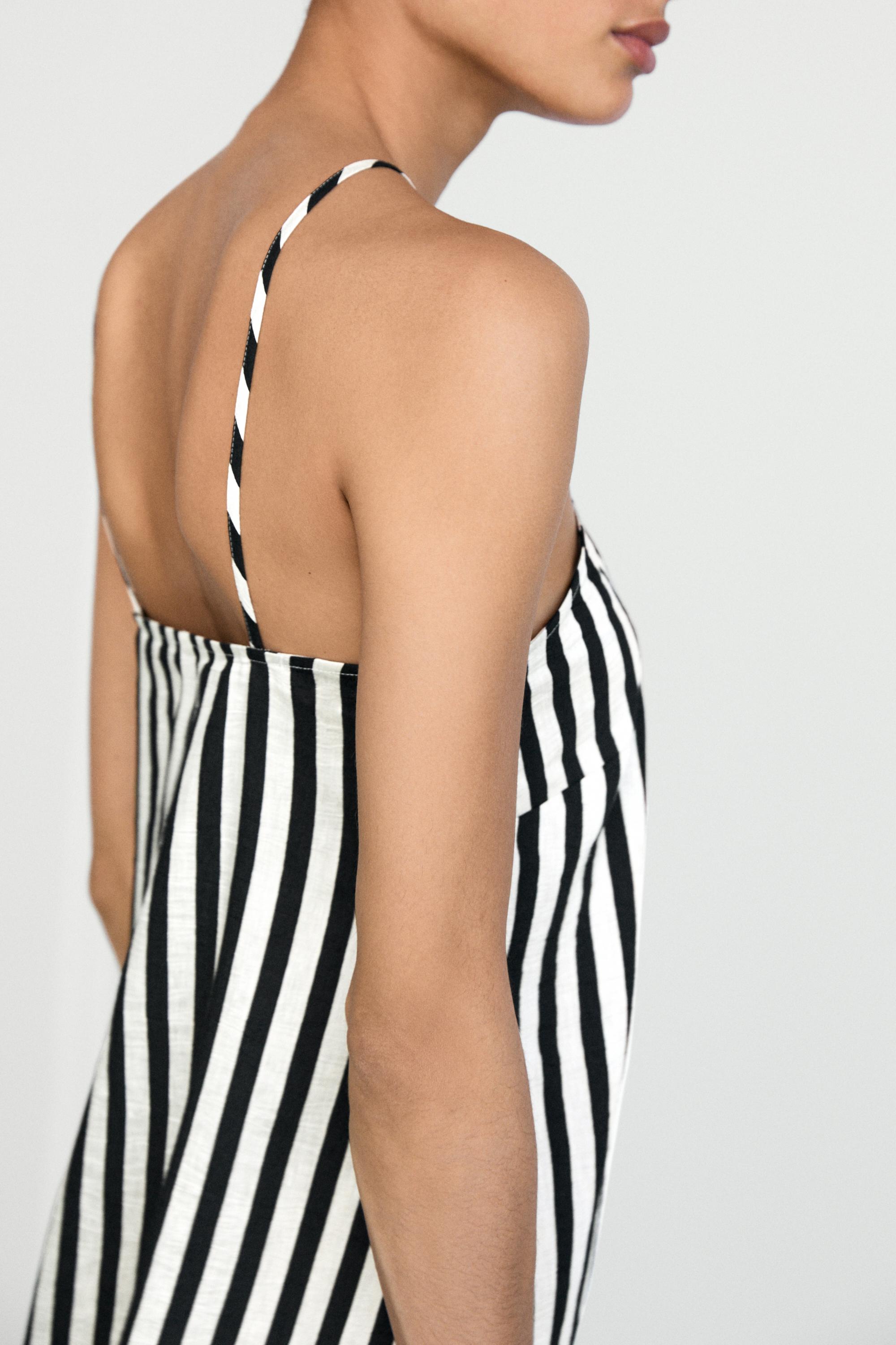 Striped midi dress with crisscross straps — BLACK