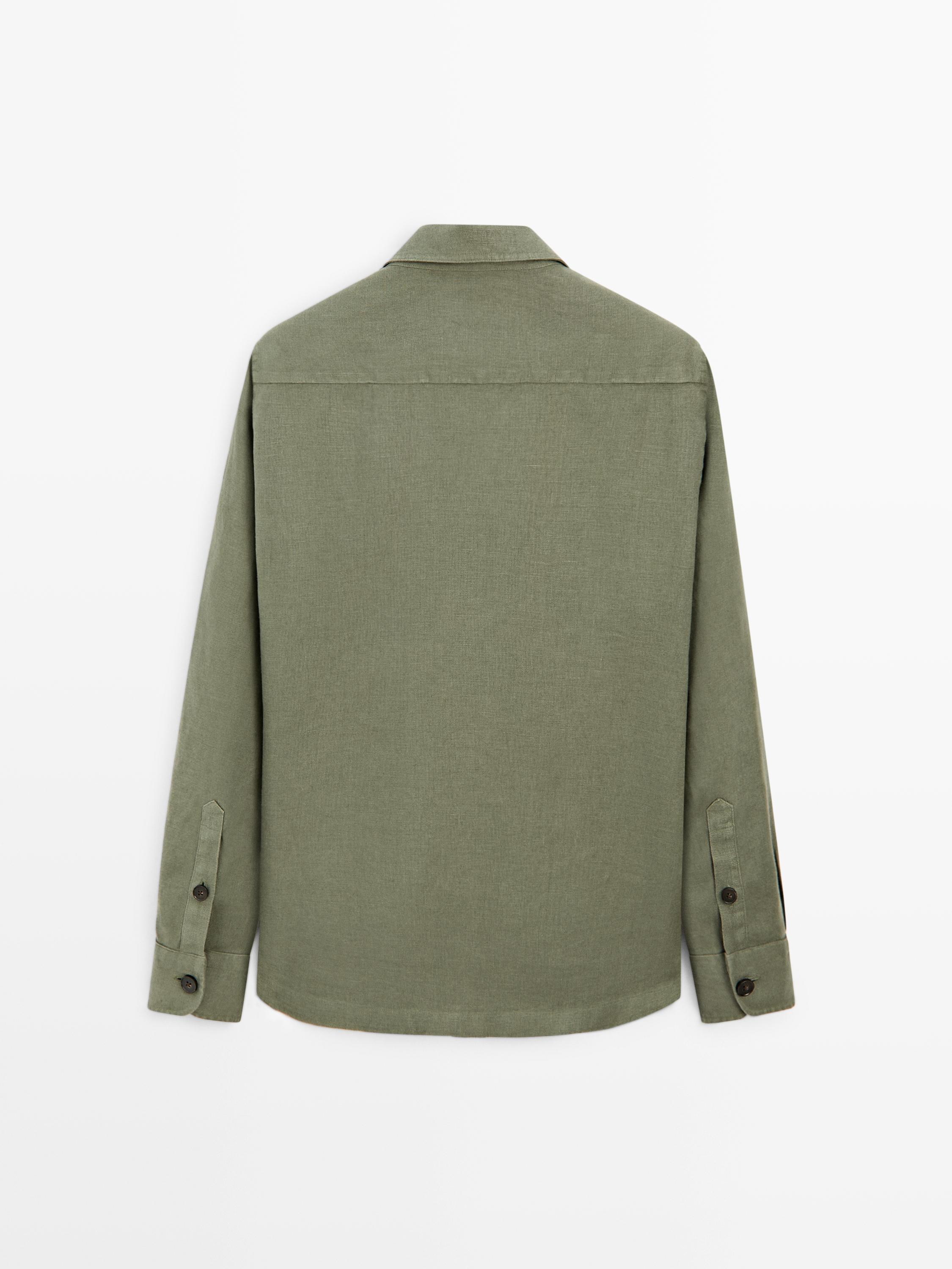 Heavy linen overshirt with pocket details — DARK GREEN