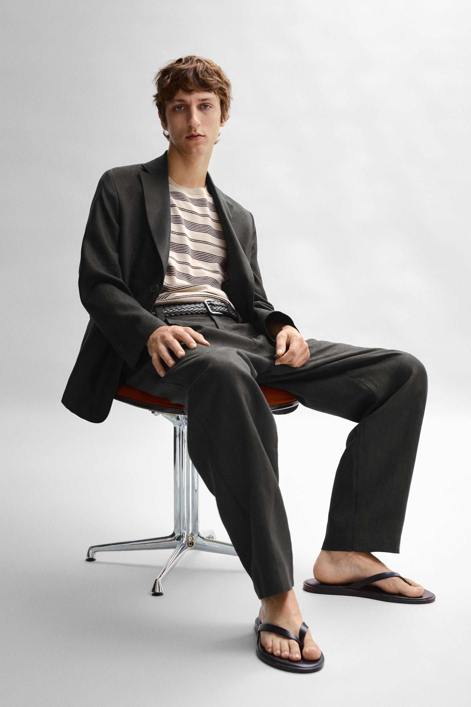 100% linen trousers with double darts — BLACK