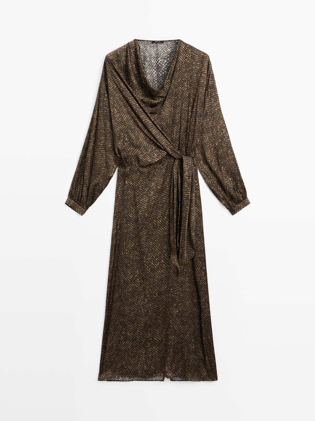 Massimo Dutti - Dame - Lang, Mønstret Kjole Med Blødt Fald Og Knudedetalje - Mokka - 38